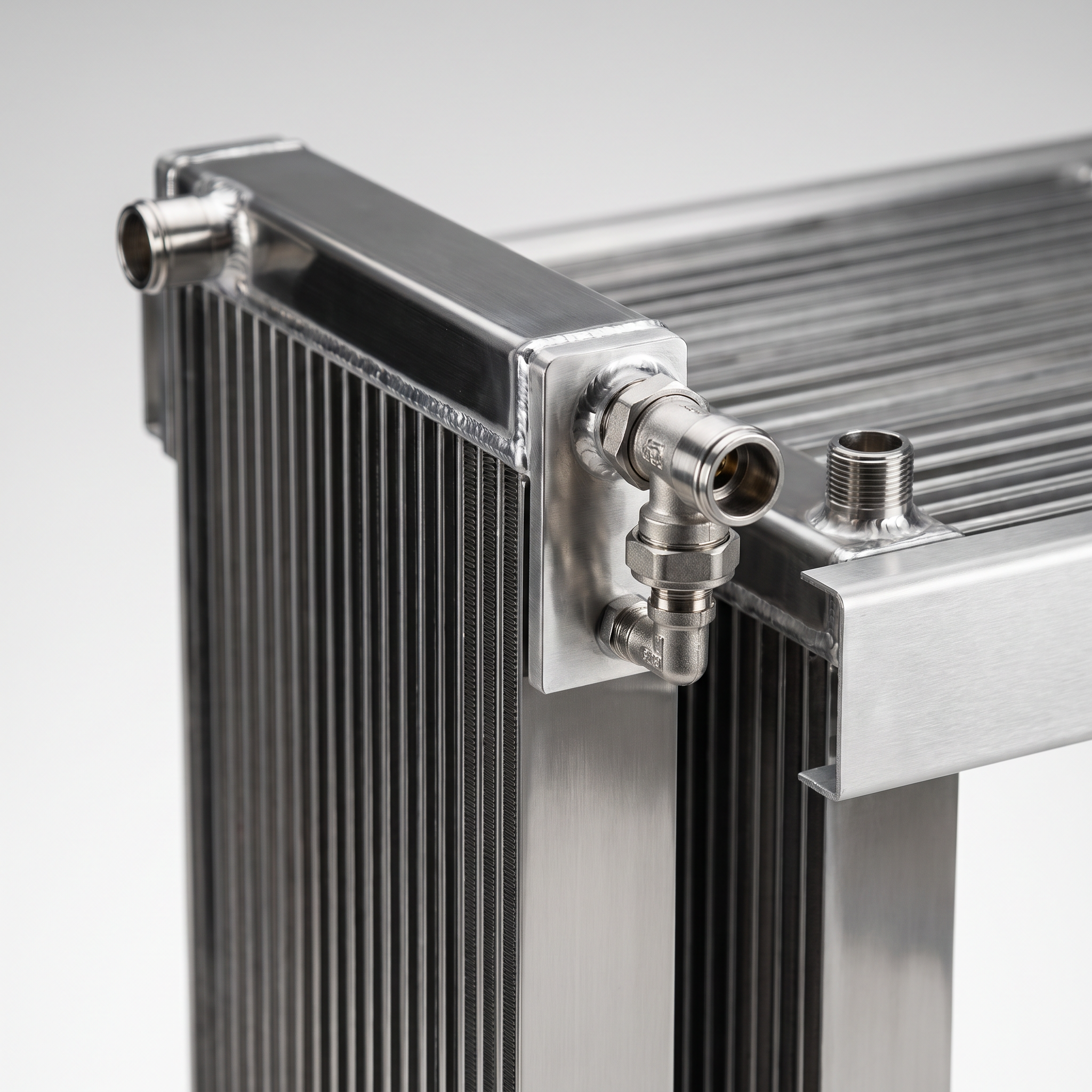 AI Design for Professional studio product photography of a {{product:Radiators}}, captured with crisp industrial lighting against a clean, neutral gradient background. Focus on the intricate metallic textures, polished steel surfaces, and precision engineering details, utilizing a shallow depth of field to emphasize the structural complexity. High-resolution, sharp focus, commercial aesthetic suitable for a technical catalog or website hero banner.