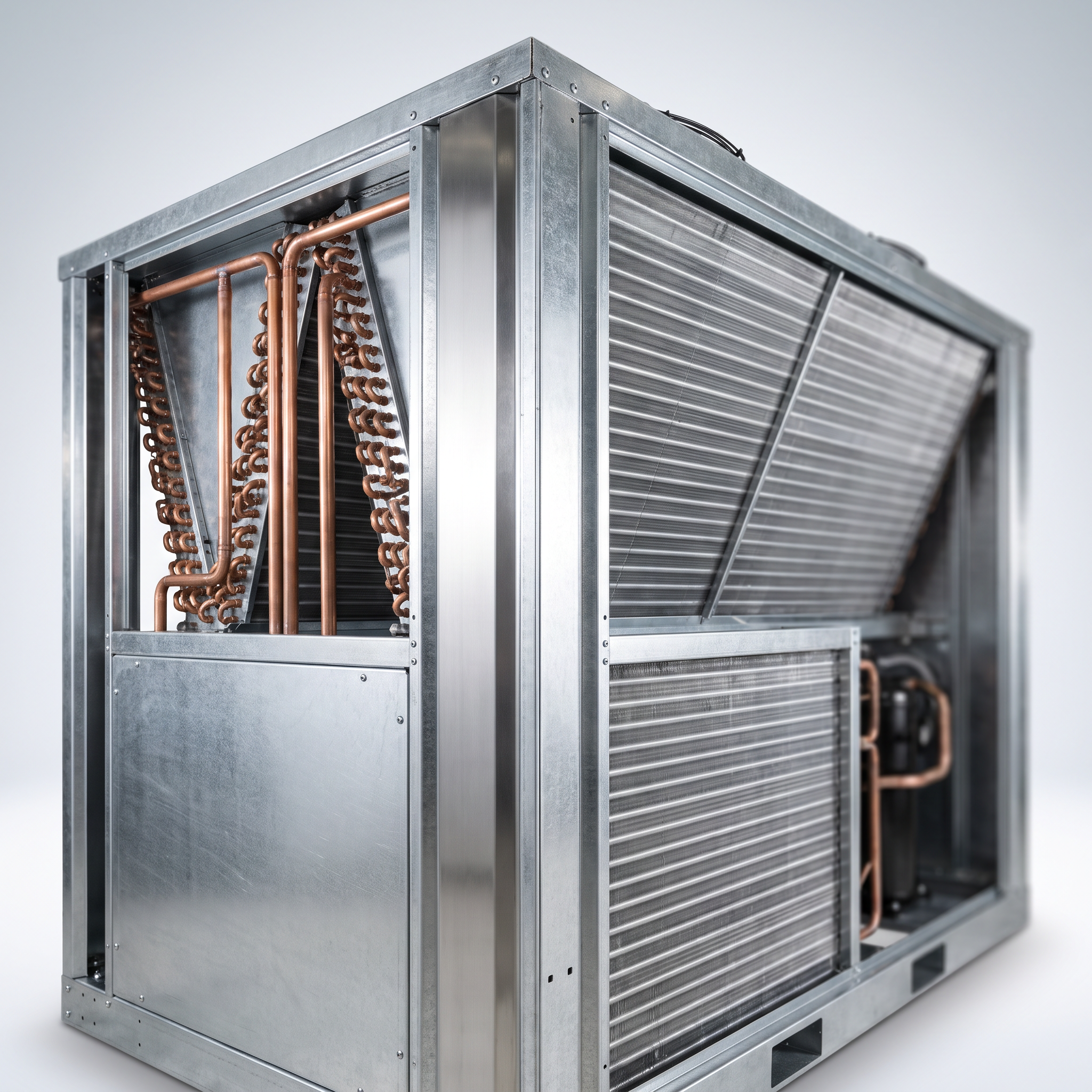AI Design for Professional studio product photography of a {{product:Dry Coolers
Dry coolers for closed-loop cooling systems where water usage must be minimised. Suitable for data centres, power plants and industrial processes.

Copper
Aluminium Fins
Galvanised Steel
Stainless Steel}}, captured with crisp industrial lighting against a clean, neutral gradient background. Focus on the intricate metallic textures, polished steel surfaces, and precision engineering details, utilizing a shallow depth of field to emphasize the structural complexity. High-resolution, sharp focus, commercial aesthetic suitable for a technical catalog or website hero banner.