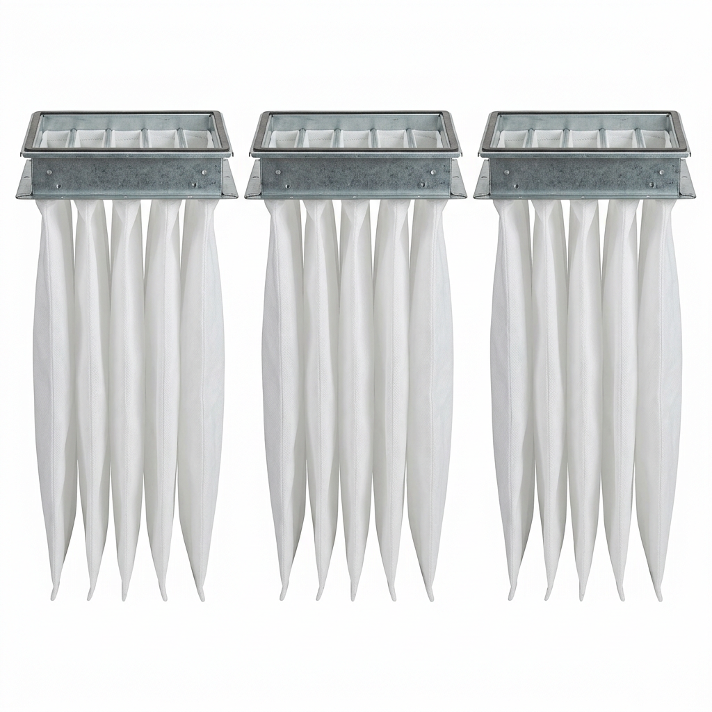 AI Design for Cut-outs need this instead of a ground: isolated on a pure white background, no shadow, no scene, no surface.

 Three HVAC pocket filters (bag filters) standing upright side by side, with
    white synthetic pockets hanging from galvanised header frames.