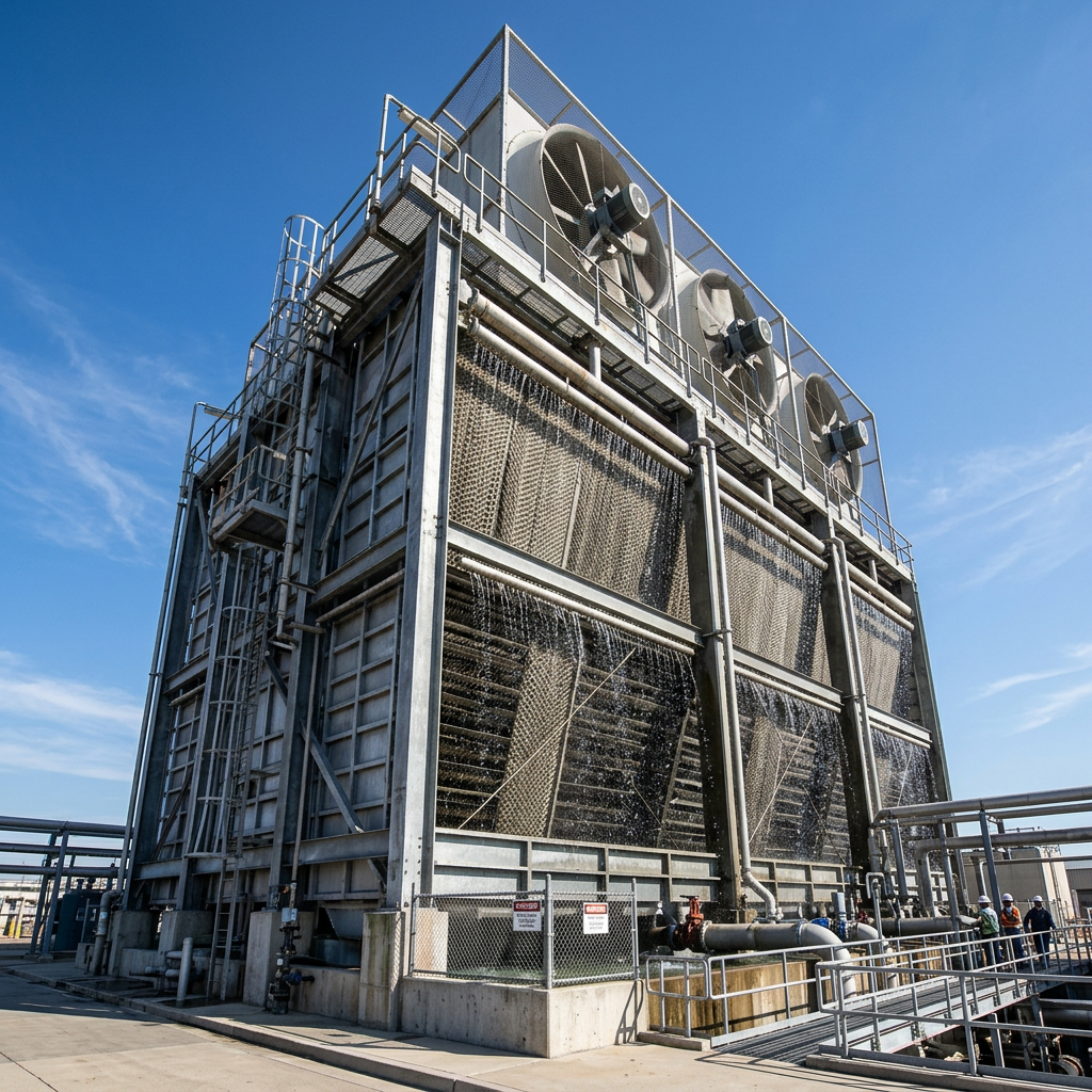 AI Design for A modern industrial crossflow cooling tower standing against a clear blue sky, showcasing intricate internal honeycomb fill media and water cascading down. Captured in sharp architectural detail with bright natural daylight, highlighting the metallic and composite textures of the structure from a low-angle perspective.