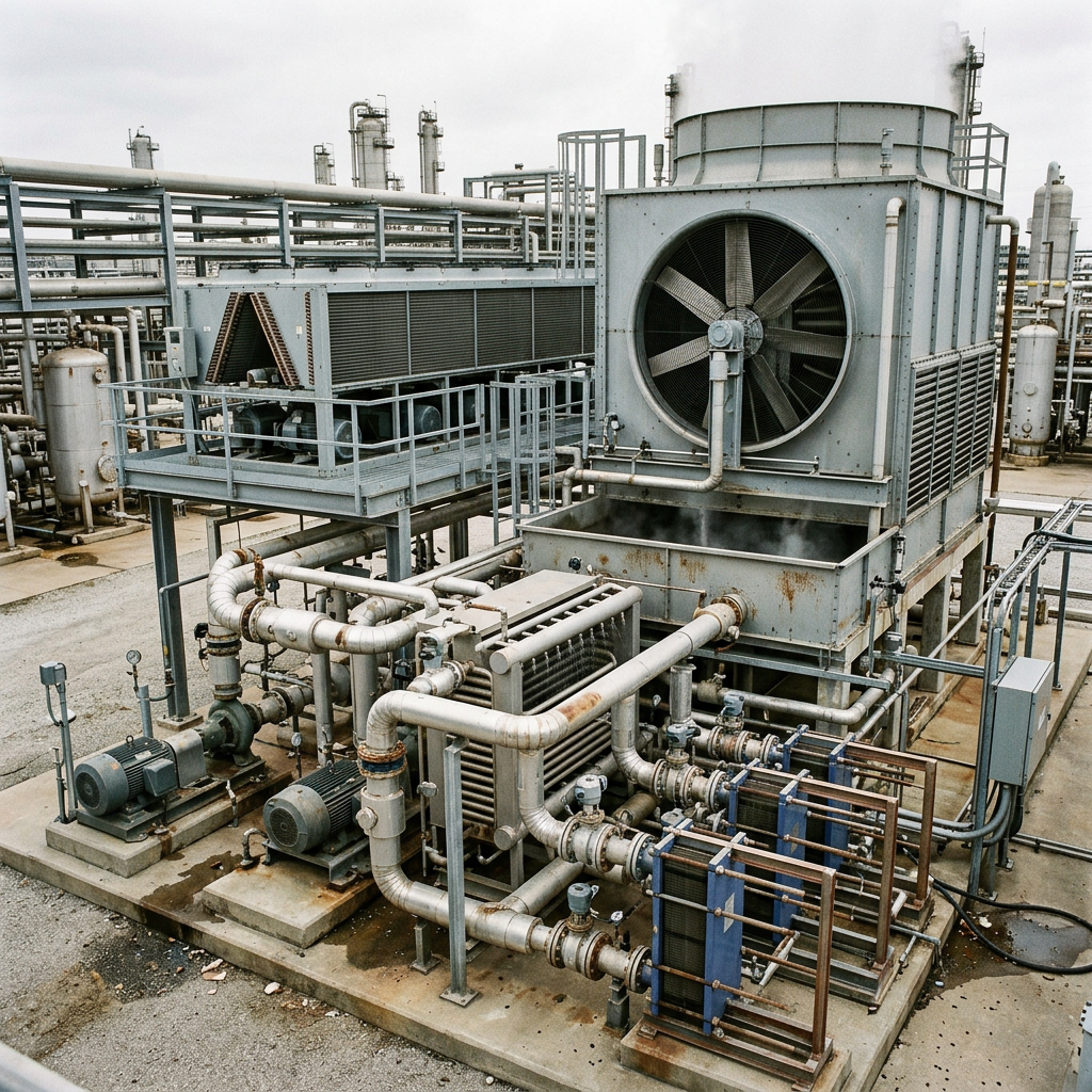AI Design for Create a highly photorealistic documentary-style photograph showing a large industrial cooling installation combining an evaporative cooling tower, closed-circuit cooling equipment, air-cooled condenser or dry cooler, pumps, heat exchangers and interconnected process piping. Show accurately engineered fans, coils, spray sections, headers, valves, instrumentation and structural supports. The equipment should be installed at a real industrial plant with surrounding pipe racks, concrete structures, electrical infrastructure and service access areas. Include realistic environmental conditions such as dust, subtle weathering, minor corrosion, surface marks and normal industrial wear. Natural daylight, realistic perspective and scale, authentic metal textures, understated professional composition. No humans, no text, no logos, no futuristic machinery, no impossible equipment combinations, no CGI, no 3D-rendered appearance. The image must look like genuine industrial photography documenting a real cooling system installation.
