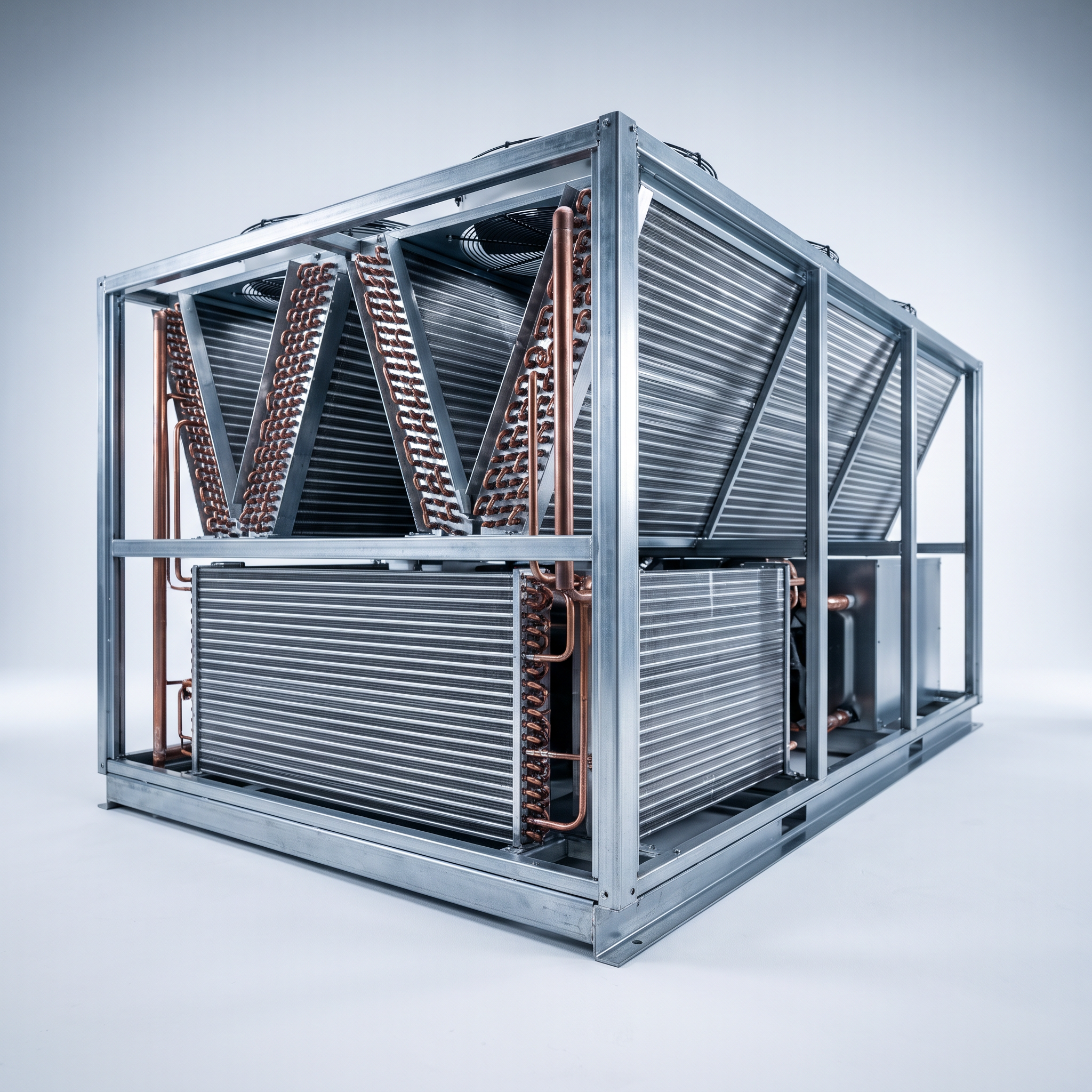 AI Design for Professional studio product photography of a {{product:Air-Cooled Condensers}}, captured with crisp industrial lighting against a clean, neutral gradient background. Focus on the intricate metallic textures, polished steel surfaces, and precision engineering details, utilizing a shallow depth of field to emphasize the structural complexity. High-resolution, sharp focus, commercial aesthetic suitable for a technical catalog or website hero banner.