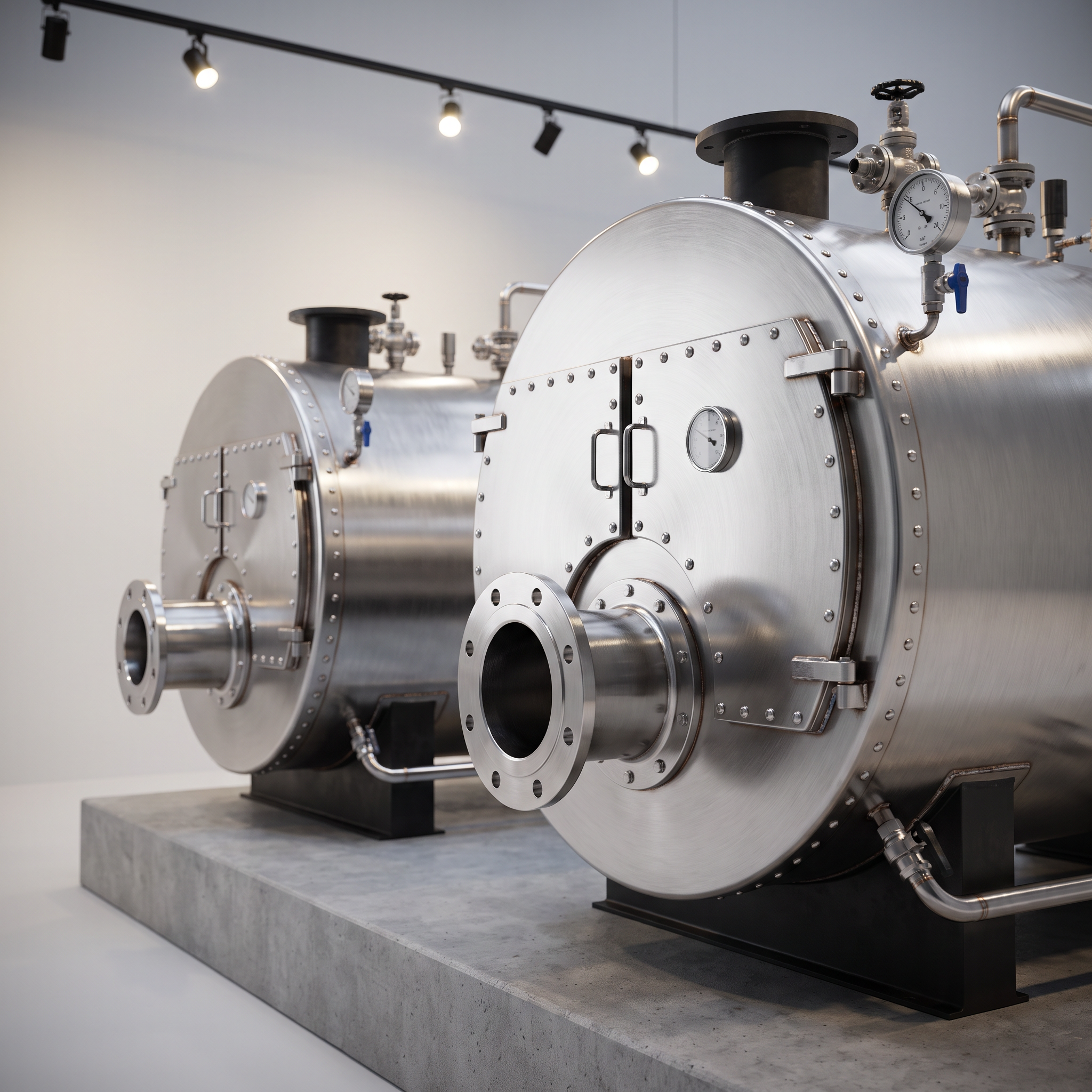 AI Design for Professional product photography of {{product:Boilers
Fire-tube and water-tube boilers for steam generation, process heating and hot water supply. Designed for reliability and long service life.
Carbon Steel
Stainless Steel
Alloy Steel}}, captured with crisp industrial lighting against a clean, neutral gradient background. Focus on the intricate metallic textures, polished steel surfaces, and precision engineering details, utilizing a shallow depth of field to emphasize the structural complexity and commercial aesthetic.
