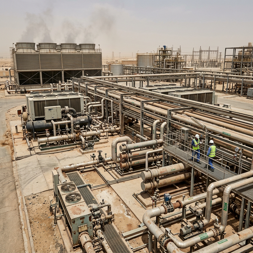 AI Design for A highly photorealistic documentary-style photograph of a large real industrial thermal engineering facility showing a complete interconnected heating and cooling system. The wide establishing composition captures industrial cooling towers, chillers, shell-and-tube heat exchangers, pumps, large process piping, valves, pipe racks, instrumentation, and structural steel infrastructure arranged in technically accurate configurations under harsh natural daylight. The real Gulf-region industrial environment features realistic dust, weathering, aged concrete, oxidized metal surfaces, minor stains, and genuine site imperfections with authentic materials and realistic scale.