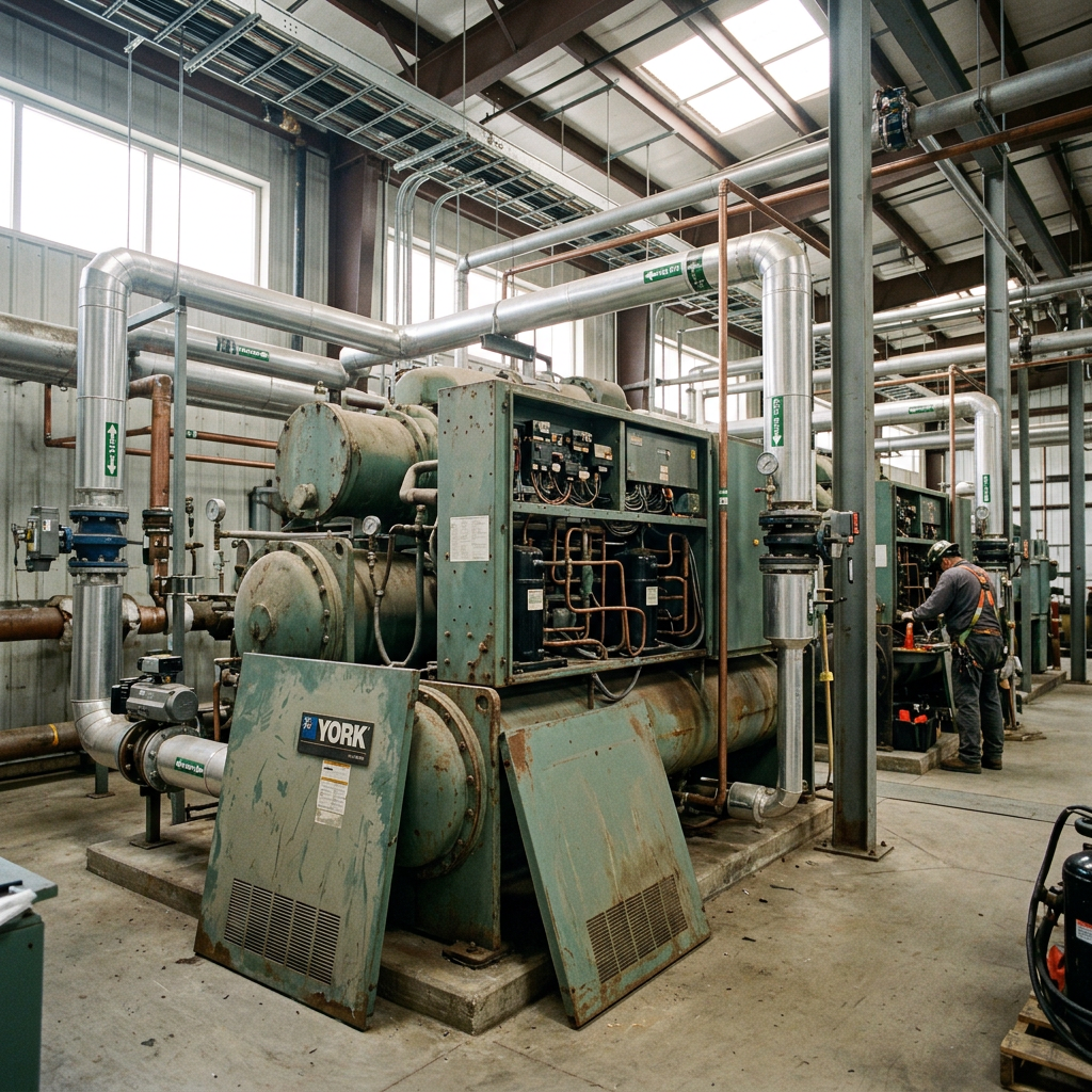 AI Design for An authentic documentary-style industrial engineering photograph capturing a large thermal system installation inside an operating mechanical facility, featuring a massive industrial chiller with service panels open to reveal exposed components, newly integrated upgrade piping, and modern valves contrasting naturally with older equipment. The background showcases a genuine working plant environment with concrete flooring, overhead pipe racks, cable trays, and subtle industrial wear. Natural ambient lighting streams through the facility, highlighting tactile textures of weathered painted metal, insulated copper piping, and steel supports with an understated, professional corporate composition. no human face should aprear