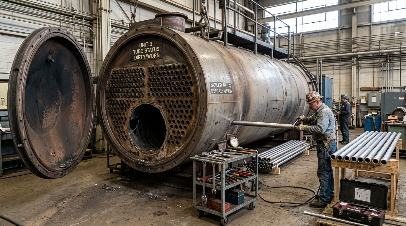 AI Design for An authentic documentary-style industrial engineering photograph capturing a large industrial fire-tube boiler during active tube replacement and inspection inside a working maintenance facility. The massive boiler is opened at the front, exposing the precise tube sheet and internal fire-tube configuration with a section of tubes removed. Pristine replacement tubes rest neatly beside the unit alongside technically accurate maintenance fixtures, tube-expanding equipment, and weld-testing instruments, presented in a clear before-and-after maintenance comparison view. The industrial environment features weathered concrete flooring, overhead rigging, organized tooling, subtle soot and dust deposits, and realistic heat discoloration on the heavy steel surfaces, illuminated by natural overhead lighting that highlights authentic textures and precise industrial geometry without cinematic exaggeration.
