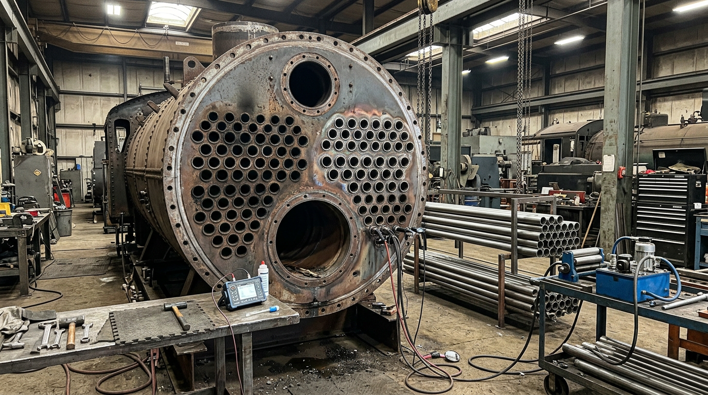 AI Design for Create a highly photorealistic **documentary-style industrial engineering photograph** showing a large industrial **fire-tube boiler during tube replacement and inspection** inside a real boiler maintenance facility.
Show the boiler opened at the front with the tube sheet clearly exposed and a section of boiler tubes removed, revealing accurately arranged tube openings and the internal fire-tube configuration. Include several new replacement tubes positioned beside the boiler, with realistic tube-cutting and preparation equipment, welding/inspection tools, tube-expanding equipment and appropriate maintenance fixtures arranged naturally around the work area. The equipment and tube geometry must be technically accurate for a real industrial boiler.
The facility should look like a genuine working boiler maintenance site with realistic conditions: industrial concrete flooring, overhead lifting equipment, maintenance stands, organized tools, replacement tube materials, protective coverings, hoses, welding equipment, minor soot and dust, light oil or grease marks and natural wear on surrounding surfaces. Keep the workspace professionally managed but visibly used for heavy industrial maintenance—not a spotless showroom.
Focus on the **tube replacement and weld inspection stage**, with realistic inspection instruments and weld-testing equipment positioned near the exposed tube sheet. Include subtle evidence of preventive maintenance such as inspected valves, access covers and service components in the surrounding area without overcrowding the composition.
Use natural industrial lighting, authentic steel and refractory textures, realistic soot deposits, scratches, heat discoloration, weld marks and minor surface imperfections. Accurate scale, natural perspective, realistic shadows and reflections, documentary photography and understated premium composition suitable for a corporate engineering service webpage.
**Strict requirements:** no humans, no workers, no mannequins, no hands, no text, no logos, no brand names, no readable labels, no futuristic machinery, no impossible tube arrangements, no incorrect boiler construction, no floating components, no spotless showroom appearance, no exaggerated sparks or steam, no dramatic cinematic effects, no artificial symmetry, no CGI, no 3D-rendered appearance.
The final image must look like an **authentic photograph captured during professional industrial boiler re-tubing and weld inspection**, with technically accurate equipment, realistic maintenance procedures and genuine working-site conditions.