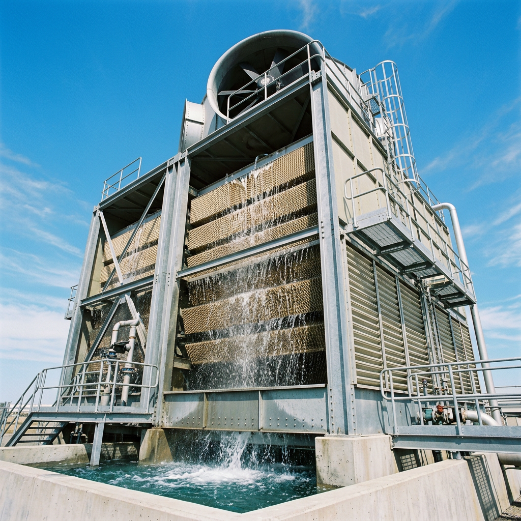 AI Design for A modern industrial crossflow cooling tower standing against a clear blue sky, showcasing intricate internal honeycomb fill media and water cascading down. Captured in sharp architectural detail with bright natural daylight, highlighting the metallic and composite textures of the structure from a low-angle perspective.