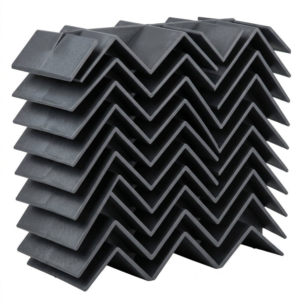 AI Design for Cut-outs need this instead of a ground: isolated on a pure white background, no shadow, no scene, no surface.

A single moulded PVC drift eliminator block, angled three-quarter view,
    showing the sharp zig-zag chevron blade profile end-on. Dark grey PVC.
