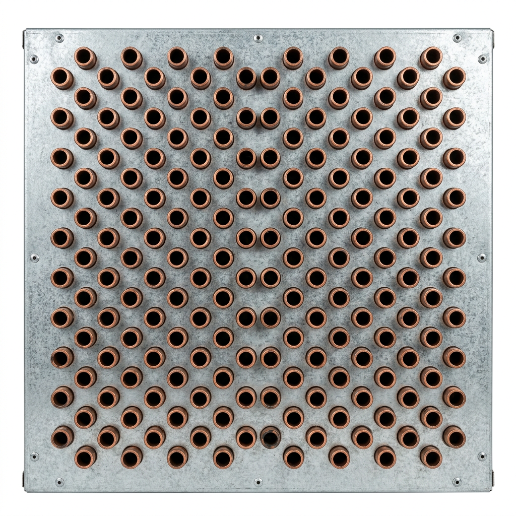 AI Design for Cut-outs need this instead of a ground: isolated on a pure white background, no shadow, no scene, no surface.

The tube-end face of a condenser coil viewed square on, showing the pattern
    of copper tube ends set into the galvanised end plate.