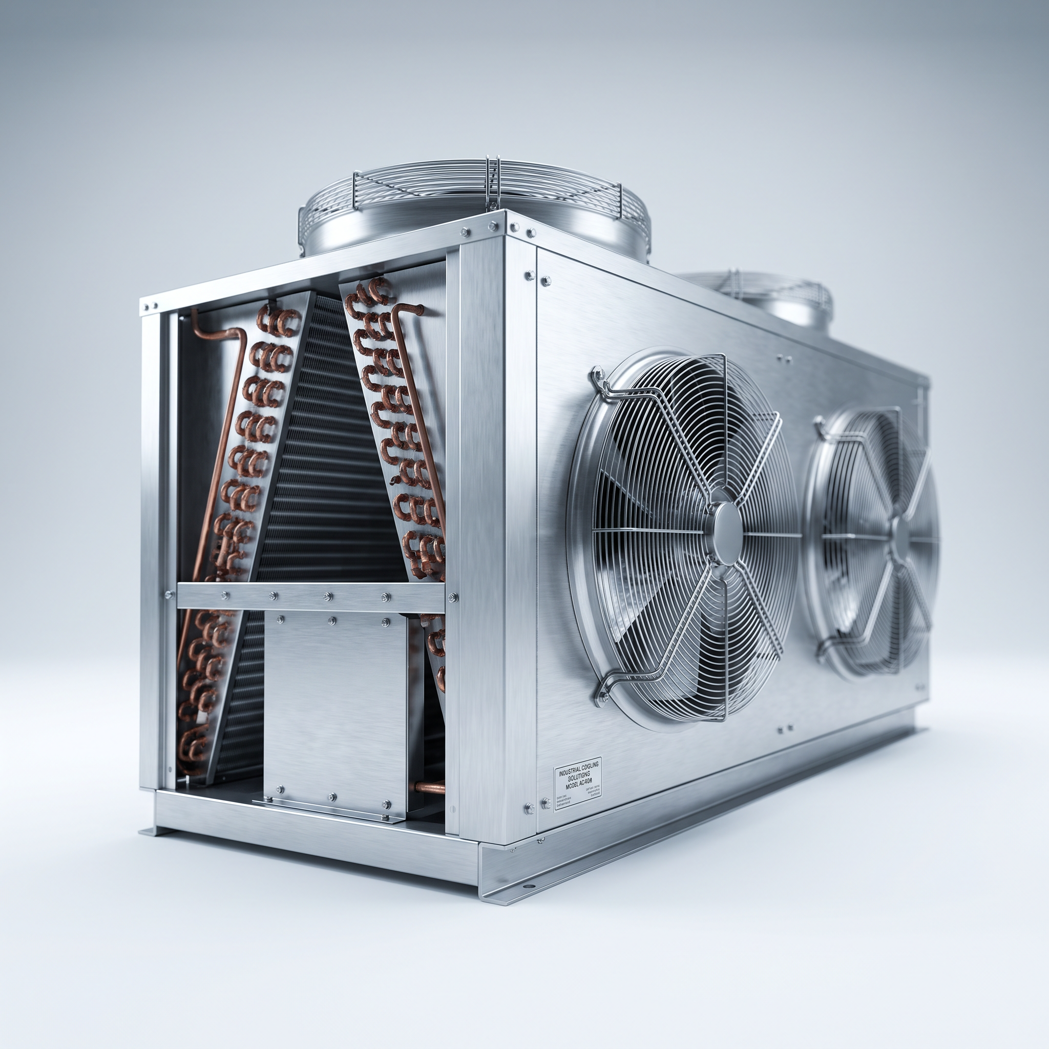 AI Design for Professional studio product photography of a {{product:Air-Cooled Condensers}}, captured with crisp industrial lighting against a clean, neutral gradient background. Focus on the intricate metallic textures, polished steel surfaces, and precision engineering details, utilizing a shallow depth of field to emphasize the structural complexity. High-resolution, sharp focus, commercial aesthetic suitable for a technical catalog or website hero banner.