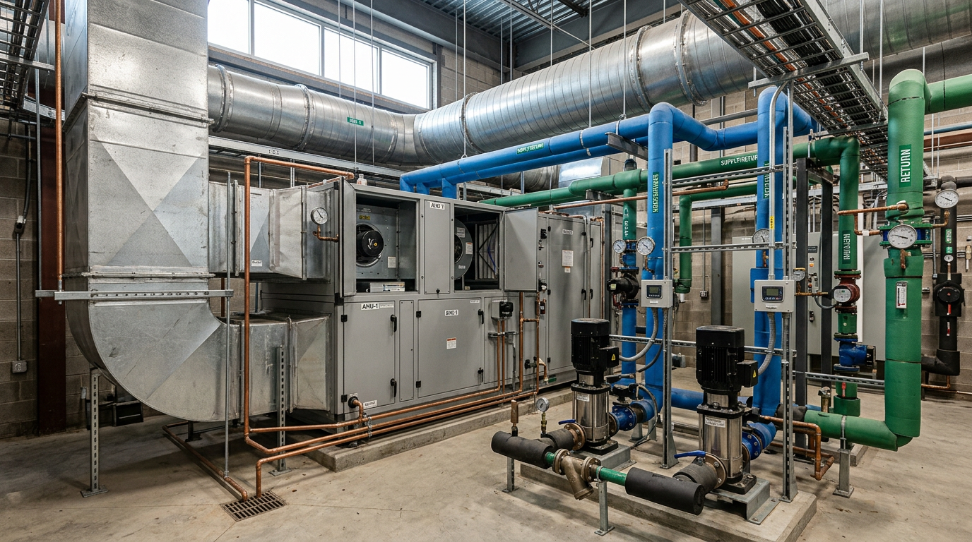 AI Design for Create a photorealistic industrial engineering photograph showing a professionally installed **HVAC & MEP system** inside a real commercial or industrial facility. Clearly show a large air handling unit, chilled-water piping, supply and return ducts, valves, pumps, cable trays, electrical conduits, drainage lines and realistic mechanical supports arranged in a technically correct installation. Include commissioning and handover indicators such as pressure gauges, thermometers, control panels and properly connected instrumentation, with the system appearing fully installed and operational. Realistic galvanized ductwork, copper and steel piping, insulation, bolted joints, hangers, brackets and minor installation imperfections. Natural ambient lighting, authentic industrial/commercial environment, documentary engineering photography, realistic scale and perspective, highly detailed but understated composition suitable for a premium corporate service webpage. No humans, no workers, no mannequins, no text, no logos, no diagrams, no futuristic equipment, no exaggerated lighting, no impossible pipe or duct routing, no excessive cleanliness, no CGI or 3D-rendered appearance. The final image must look like a genuine photograph taken during professional HVAC & MEP installation, commissioning and final inspection.