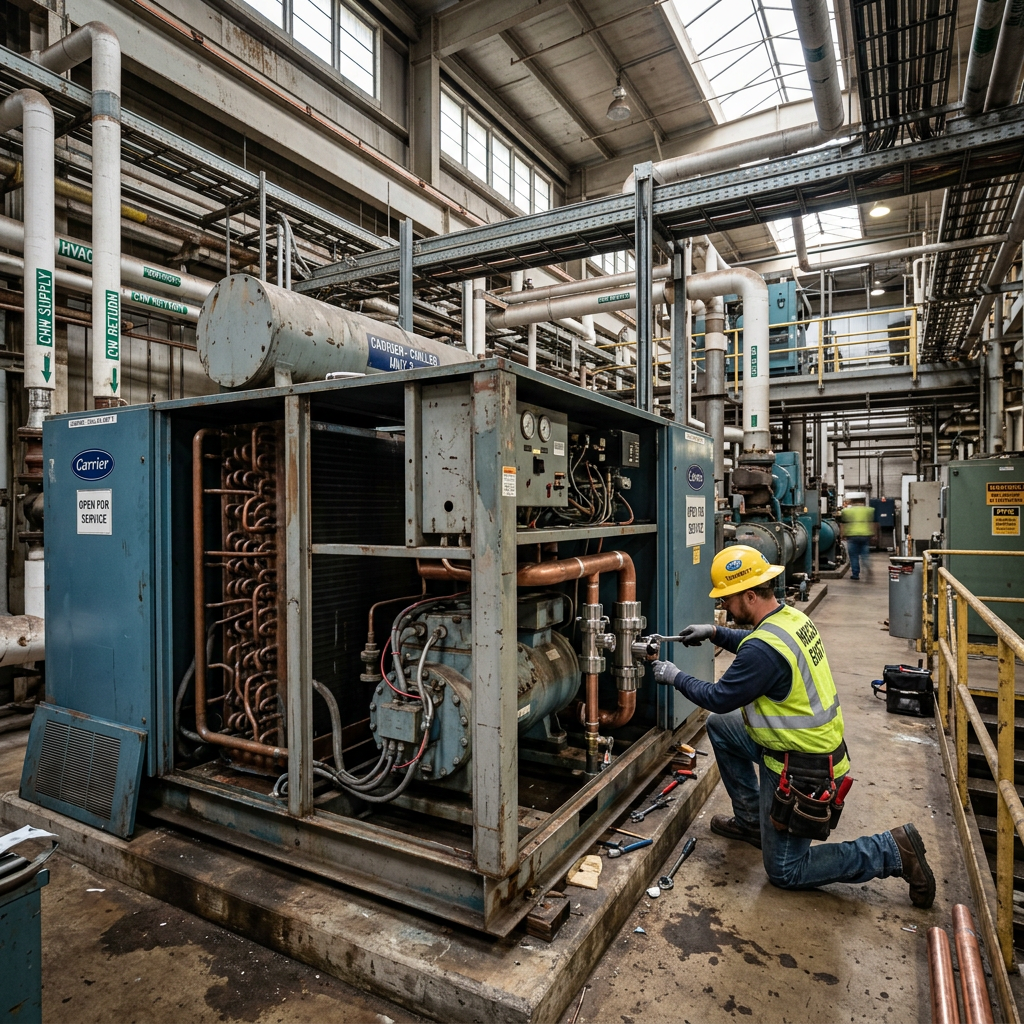AI Design for An authentic documentary-style industrial engineering photograph capturing a large thermal system installation inside an operating mechanical facility, featuring a massive industrial chiller with service panels open to reveal exposed components, newly integrated upgrade piping, and modern valves contrasting naturally with older equipment. The background showcases a genuine working plant environment with concrete flooring, overhead pipe racks, cable trays, and subtle industrial wear. Natural ambient lighting streams through the facility, highlighting tactile textures of weathered painted metal, insulated copper piping, and steel supports with an understated, professional corporate composition.
