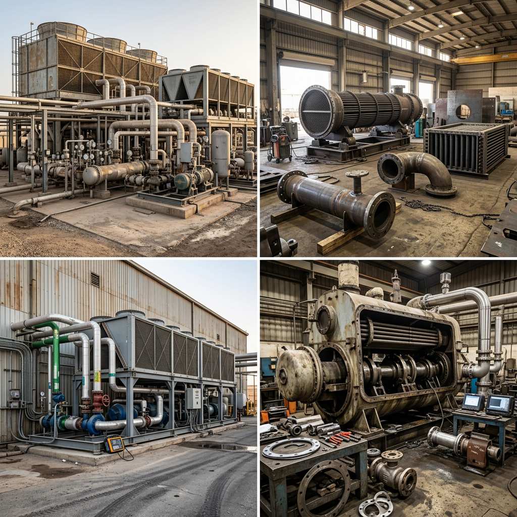 AI Design for Create a set of **4 highly photorealistic documentary-style industrial engineering photographs** representing the complete service capabilities of **Golden Bees** across industrial heating, cooling, HVAC and thermal engineering.

**Image 1 — Integrated Industrial Cooling & Thermal Systems:** Show a real industrial plant with multiple interconnected thermal systems including cooling towers, chillers, heat exchangers, pumps, large process piping, valves and instrumentation. Wide establishing composition that communicates large-scale thermal engineering capability.

**Image 2 — Engineering, Fabrication & Equipment:** Show a genuine heavy-industrial fabrication workshop containing large shell-and-tube heat exchangers, industrial cooling equipment, fabricated piping, tube bundles and mechanical components at different stages of fabrication, inspection and preparation.

**Image 3 — Installation, HVAC & Commissioning:** Show a real completed industrial mechanical installation with air-cooled condensers or dry coolers, HVAC/MEP equipment, chilled-water piping, pumps, valves, electrical connections and commissioning instrumentation integrated into an existing facility.

**Image 4 — Maintenance, Overhaul & Upgrades:** Show a genuine industrial maintenance environment with a large compressor or boiler/thermal system partially opened for professional inspection and maintenance, surrounded by organized service equipment, replacement components, diagnostic instruments and upgraded mechanical connections.

All four images must feel like they belong to the **same real industrial engineering company and photographic documentation set**. Use authentic Saudi/Gulf-region industrial environments where naturally appropriate, realistic heavy equipment scale, galvanized and painted steel, concrete, pipe racks, structural supports, natural weathering, dust, minor surface wear, oil/grease marks and believable working-site imperfections.

Use natural daylight or realistic industrial ambient lighting, genuine photographic perspective, physically accurate equipment, natural shadows and reflections, realistic material textures and subtle camera imperfections. The images should look like photographs taken at actual industrial facilities and workshops—not advertising renders.

**No humans, no workers, no mannequins, no hands, no text, no logos, no brand names, no readable signage, no futuristic machinery, no impossible equipment combinations, no floating components, no excessive cleanliness, no artificial symmetry, no exaggerated smoke/steam, no dramatic cinematic effects, no CGI, no 3D-rendered appearance.**

The overall visual story should communicate: **engineering → fabrication → installation → commissioning → maintenance → long-term industrial support**, allowing a visitor to understand Golden Bees' complete heating, cooling and thermal engineering capability from the carousel alone.