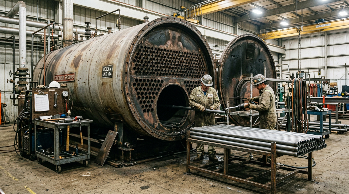 AI Design for An authentic documentary-style industrial engineering photograph capturing a large industrial fire-tube boiler during active tube replacement and inspection inside a working maintenance facility. The massive boiler is opened at the front, exposing the precise tube sheet and internal fire-tube configuration with a section of tubes removed. Pristine replacement tubes rest neatly beside the unit alongside technically accurate maintenance fixtures, tube-expanding equipment, and weld-testing instruments, presented in a clear before-and-after maintenance comparison view. The industrial environment features weathered concrete flooring, overhead rigging, organized tooling, subtle soot and dust deposits, and realistic heat discoloration on the heavy steel surfaces, illuminated by natural overhead lighting that highlights authentic textures and precise industrial geometry without cinematic exaggeration.