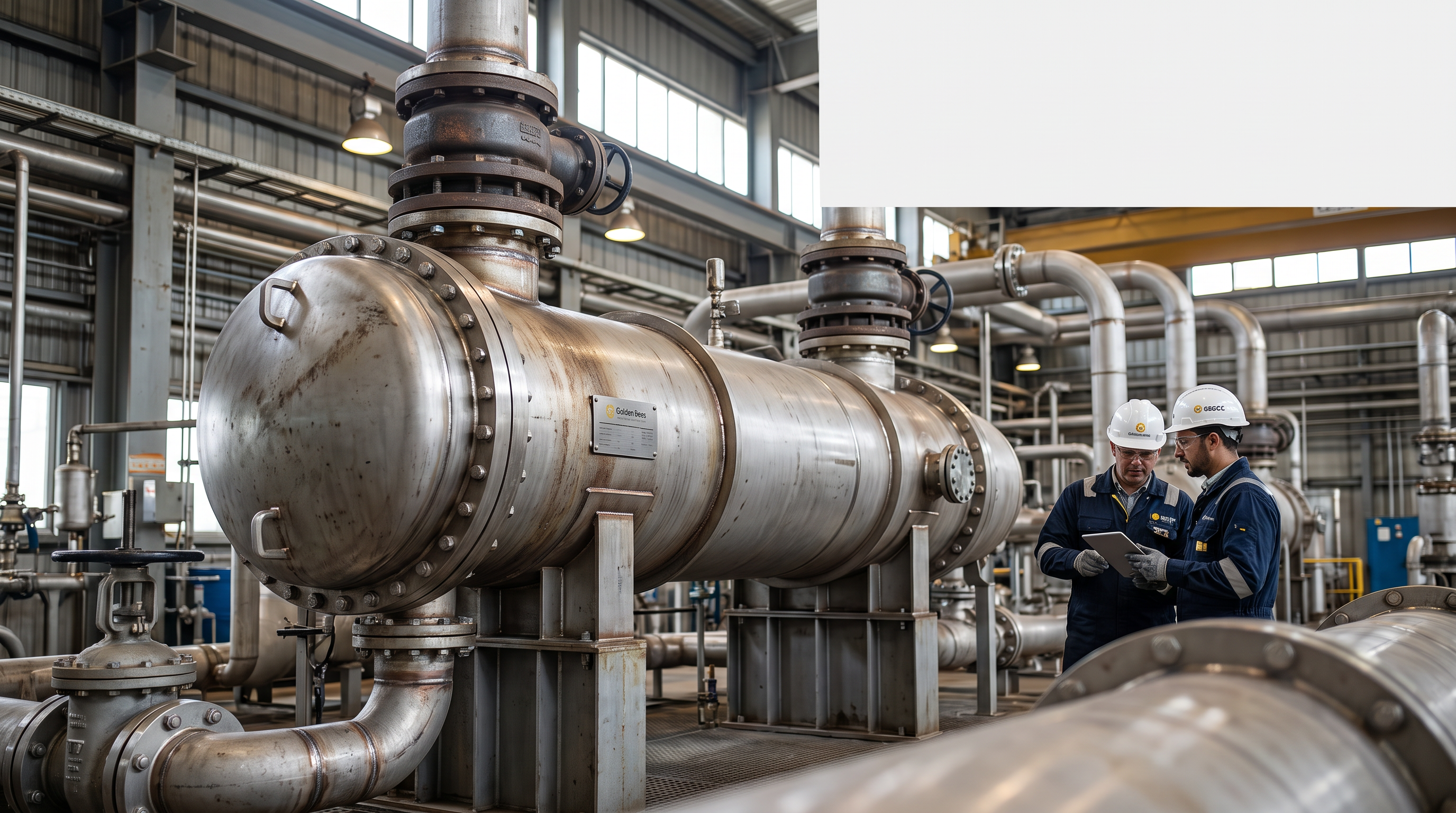 AI Design for Create a photorealistic premium industrial photograph for a corporate website service tile representing **Shell & Tube Heat Exchanger**.

Show a large industrial shell-and-tube heat exchanger installed inside a real heavy industrial process facility, with realistic stainless-steel/carbon-steel construction, connected piping, valves, flanges and structural supports. Include subtle evidence of engineers/technicians inspecting the equipment in the background to communicate real engineering and field expertise.

Composition: cinematic 3/4 perspective, equipment as the clear visual focal point, realistic industrial depth, clean negative space suitable for website overlay text, sophisticated commercial photography.

Integrate the attached **Golden Bees / GBGCC logo** naturally as subtle professional branding on the equipment or engineer PPE/signage. Do not redesign, distort, repeat, or prominently display the logo.

Lighting should feel like an authentic high-end industrial photograph: realistic metal reflections, natural shadows, controlled contrast, slightly atmospheric environment, physically accurate materials and proportions.

No futuristic machinery, no exaggerated glow, no fantasy environment, no floating components, no excessive lens effects, no artificial-looking CGI surfaces, no generic stock-photo appearance, no visible AI artifacts.

**Ultra-photorealistic, documentary industrial photography, technically authentic, premium engineering company aesthetic, highly detailed, natural imperfections, realistic textures, real-camera look.**
