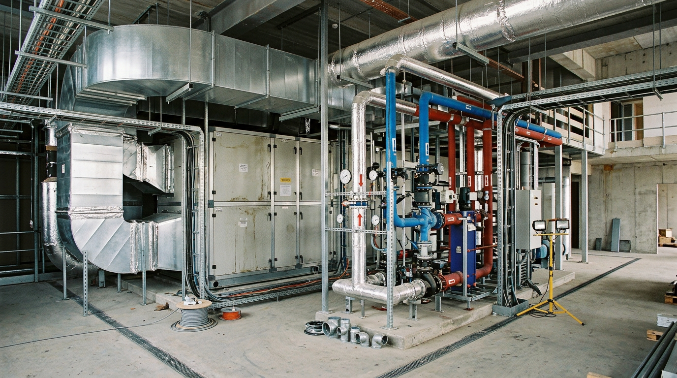 AI Design for Create a highly photorealistic **documentary-style industrial engineering photograph** of a real HVAC & MEP installation at an active commercial or industrial project site.
Show a professionally installed HVAC and MEP system including a large air handling unit, chilled-water piping, supply and return air ducts, pumps, valves, electrical conduits, cable trays, drainage lines, insulation, equipment supports and control/instrumentation points. The installation must be technically plausible, with correctly routed piping and ductwork, proper pipe supports and hangers, flanged and welded connections, valves positioned logically, and realistic service clearances around equipment.
### Realistic site conditions
The location should look like a **genuine working industrial construction or plant environment**, not a showroom. Include subtle, believable signs of an active site: unfinished sections of flooring or walls, exposed structural steel or concrete, partially completed insulation, temporary protective coverings, a few neatly arranged material bundles, spare duct sections or pipes stored in designated areas, cable coils, temporary site lighting, minor dust and dirt, realistic surface marks, slightly weathered equipment, drainage channels and ordinary construction-site imperfections. Keep the area organized and professionally managed rather than messy or abandoned.
Show evidence of the **commissioning and handover stage** through realistic pressure gauges, thermometers, control panels, electrical connections, test points and instrumentation installed on the equipment. Equipment should appear newly commissioned but not artificially pristine.
Use natural ambient site lighting with realistic shadows, reflections and exposure. Authentic galvanized steel, painted metal, copper, insulation and concrete textures. Realistic perspective, depth, scale and lens characteristics of a professional industrial photograph. Slight imperfections in alignment, surfaces and materials are desirable and should reinforce photographic realism.
The composition should communicate **HVAC design, equipment installation, MEP integration, commissioning and completed project handover** without requiring any people to explain it.
**Strict requirements:** no humans, no workers, no mannequins, no text, no logos, no brand names, no readable signage, no diagrams, no futuristic equipment, no showroom appearance, no perfectly clean surfaces, no excessive dramatic lighting, no artificial symmetry, no impossible piping or duct routing, no floating components, no exaggerated steam or effects, no CGI look, no 3D-rendered appearance, no glossy AI-generated aesthetic.
The final image must look like an **authentic photograph captured at a real HVAC & MEP project site immediately around installation, commissioning and final inspection**, with technically accurate equipment and believable real-world site conditions.