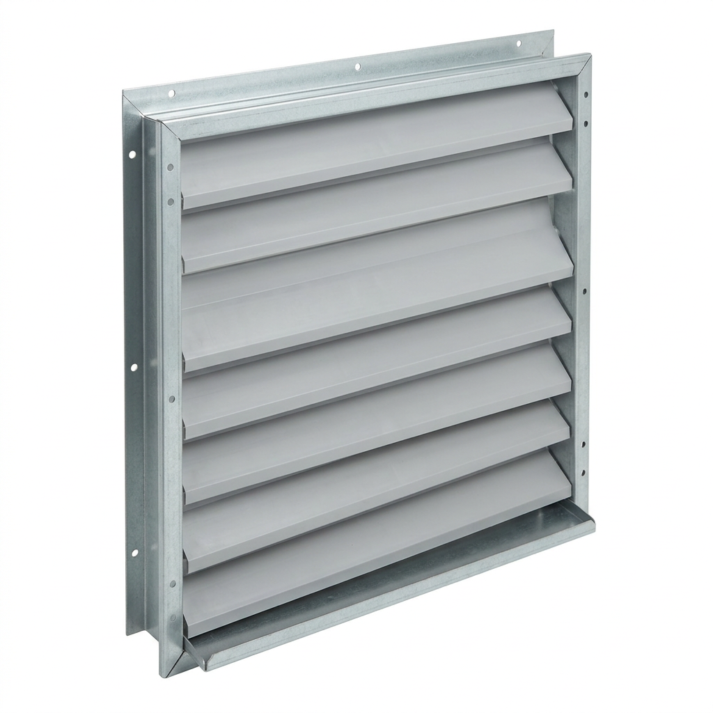 AI Design for Cut-outs need this instead of a ground: isolated on a pure white background, no shadow, no scene, no surface.

 A single cooling tower air inlet louvre panel, three-quarter view, showing
    the angled blades and the drainage lip along the lower edge. Grey PVC in a
    light metal frame.