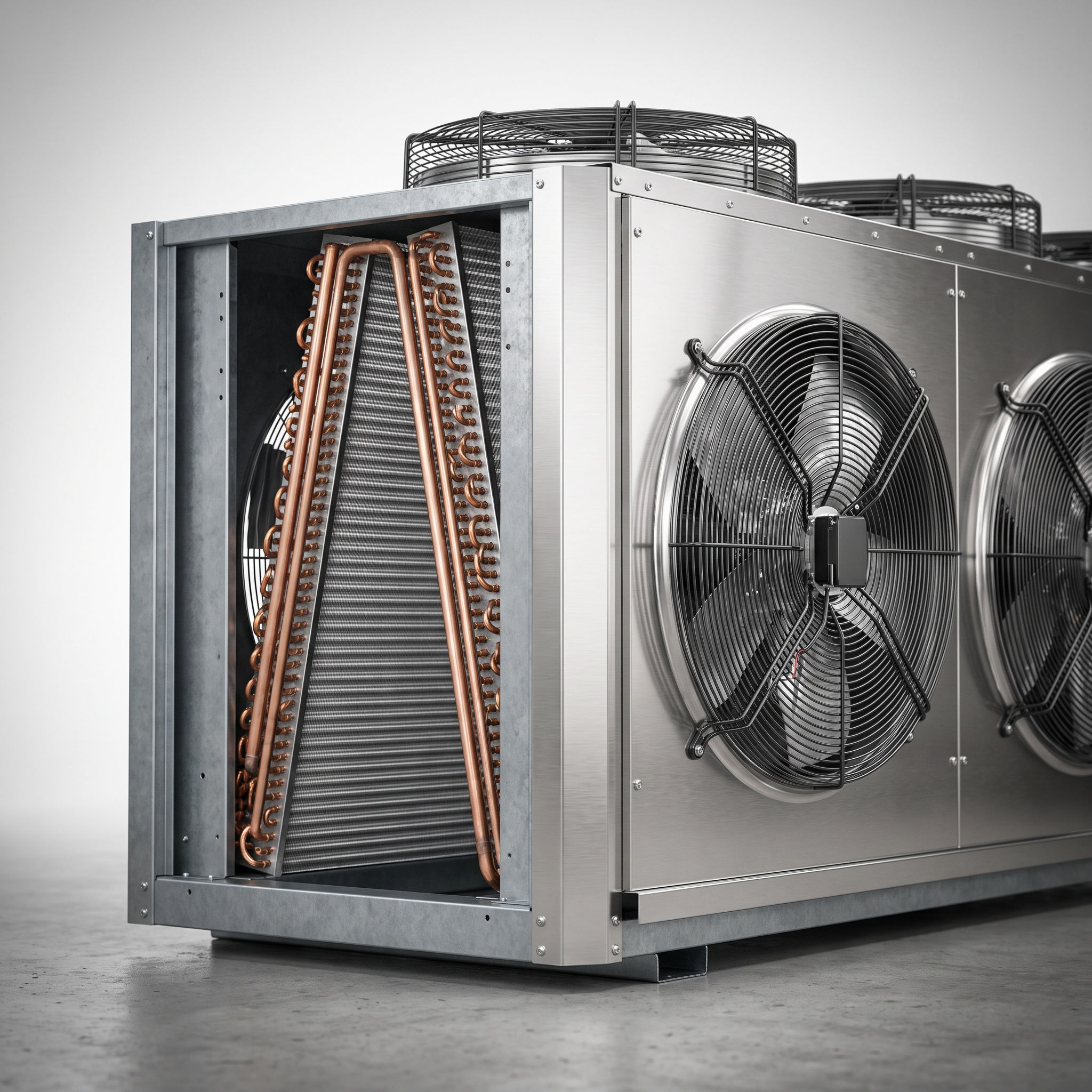 AI Design for Professional studio product photography of {{product:Dry Coolers
Dry coolers for closed-loop cooling systems where water usage must be minimised. Suitable for data centres, power plants and industrial processes.
Copper
Aluminium Fins
Galvanised Steel
Stainless Steel}}, captured with crisp industrial lighting against a clean, neutral gradient background. Focus on the intricate metallic textures, polished steel surfaces, and precision engineering details, utilizing a shallow depth of field to emphasize the structural complexity and commercial aesthetic.