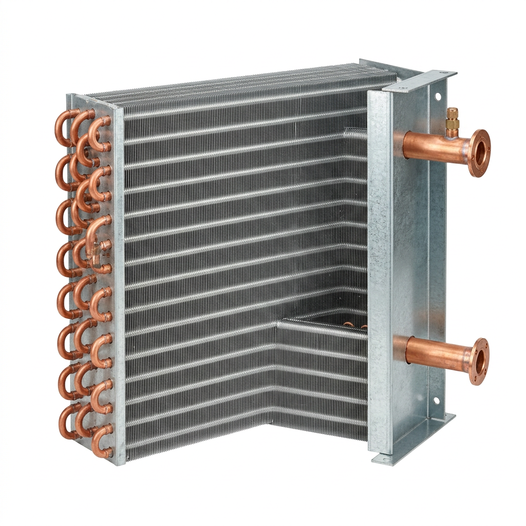 AI Design for Cut-outs need this instead of a ground: isolated on a pure white background, no shadow, no scene, no surface.

A single finned condenser coil, three-quarter view, showing the aluminium
    fin pack, the copper return bends along one end and the flanged header
    connections along the other.