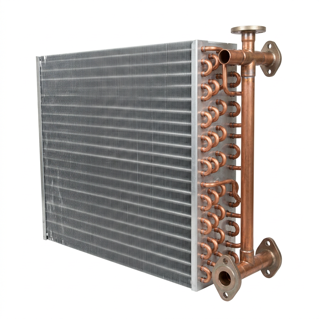 AI Design for Cut-outs need this instead of a ground: isolated on a pure white background, no shadow, no scene, no surface.

A single finned condenser coil, three-quarter view, showing the aluminium
    fin pack, the copper return bends along one end and the flanged header
    connections along the other.