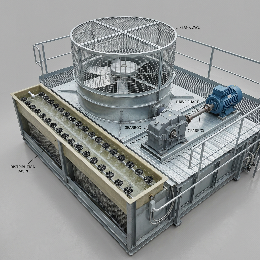 AI Design for The roof deck of a crossflow cooling tower on a plain grey studio ground:
large axial fan in a cylindrical fan cowl with a protective mesh guard, the
gearbox and drive shaft beside it, and the open hot-water distribution basin
with its splash nozzles alongside.
