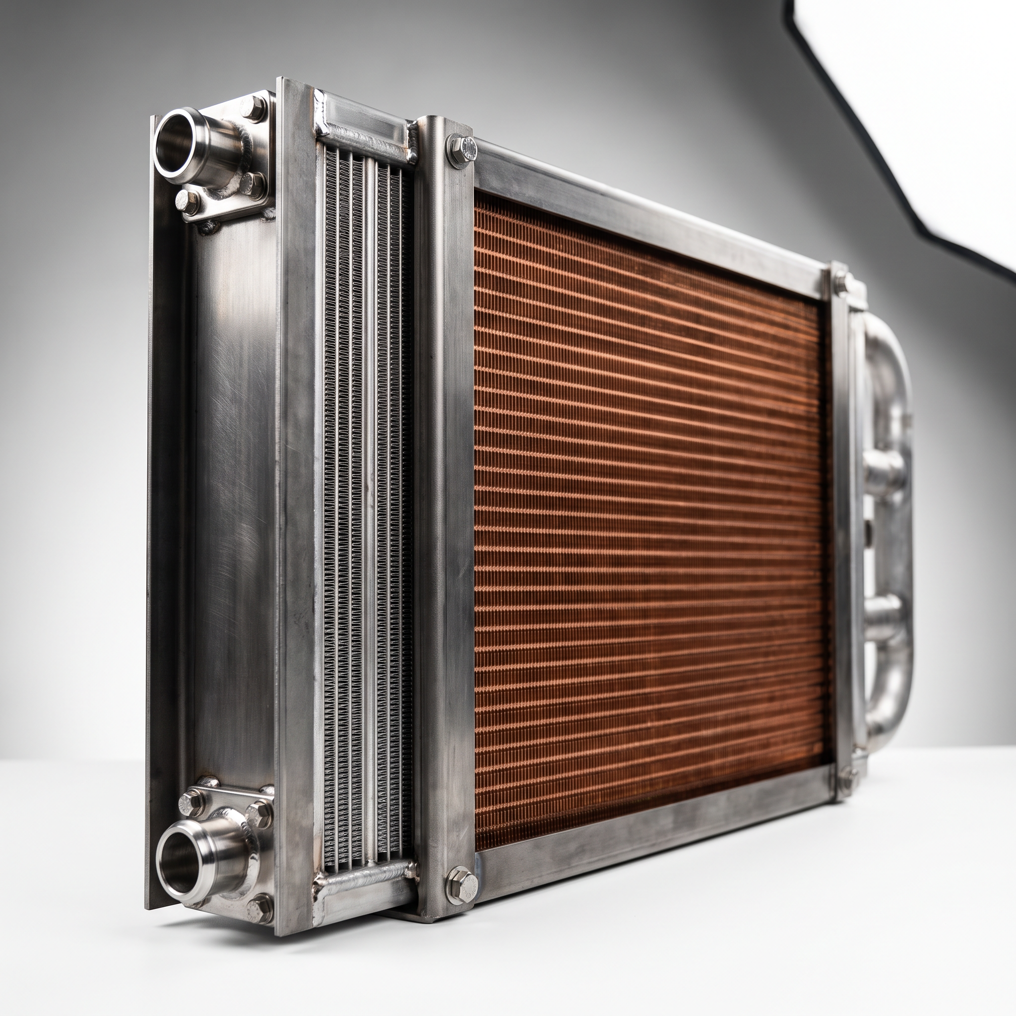 AI Design for Professional studio product photography of a {{product:Radiators
Heavy-duty industrial radiators for engine cooling, power generation and process applications. Built to withstand harsh operating conditions.

Copper
Aluminium
Carbon Steel Frames
Stainless Steel}}, captured with crisp industrial lighting against a clean, neutral gradient background. Focus on the intricate metallic textures, polished steel surfaces, and precision engineering details, utilizing a shallow depth of field to emphasize the structural complexity. High-resolution, sharp focus, commercial aesthetic suitable for a technical catalog or website hero banner.