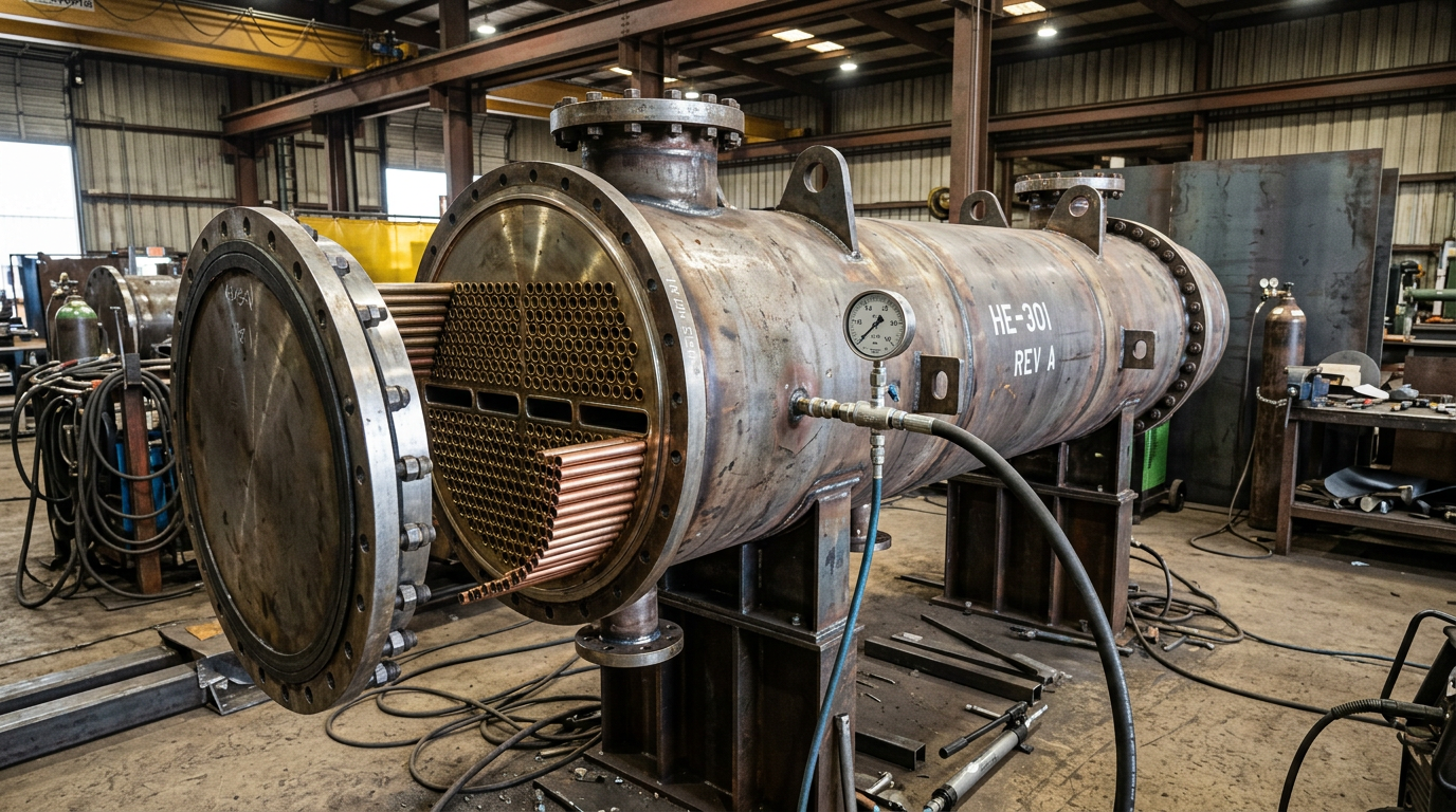 AI Design for Create a photorealistic industrial engineering photograph showing a large horizontal **Shell & Tube Heat Exchanger** during fabrication and inspection inside a real heavy-industrial workshop. Clearly show the cylindrical carbon-steel shell, large flanged end covers, tube-sheet assembly and accurately arranged internal heat-transfer tubes, with realistic welds, bolted flanges, lifting supports and fabrication tooling. Include a partially exposed tube bundle to demonstrate re-tubing/repair work and a realistic hydrostatic pressure-testing setup with test hoses and pressure gauge connected to the exchanger. Natural workshop lighting, authentic metal textures, slight surface imperfections, realistic scale and industrial environment, documentary photography, technically accurate equipment and procedures, neutral composition suitable for a premium engineering website hero/service image. No humans, no workers, no text, no logos, no futuristic elements, no exaggerated cleanliness, no CGI appearance, no artificial symmetry, no fantasy machinery, no visible safety-gear mannequins. The result must look like an actual photograph taken at a professional industrial heat-exchanger fabrication facility.