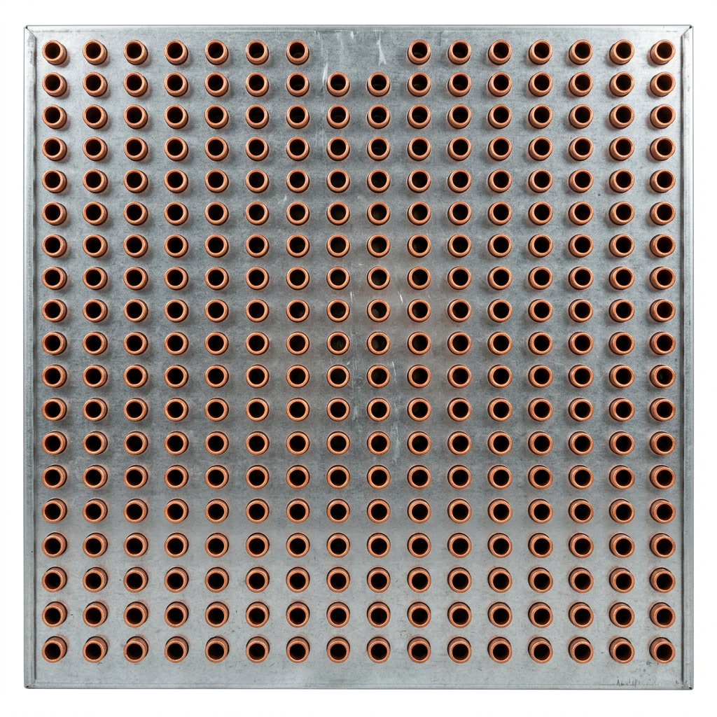AI Design for Cut-outs need this instead of a ground: isolated on a pure white background, no shadow, no scene, no surface.

The tube-end face of a condenser coil viewed square on, showing the pattern
    of copper tube ends set into the galvanised end plate.