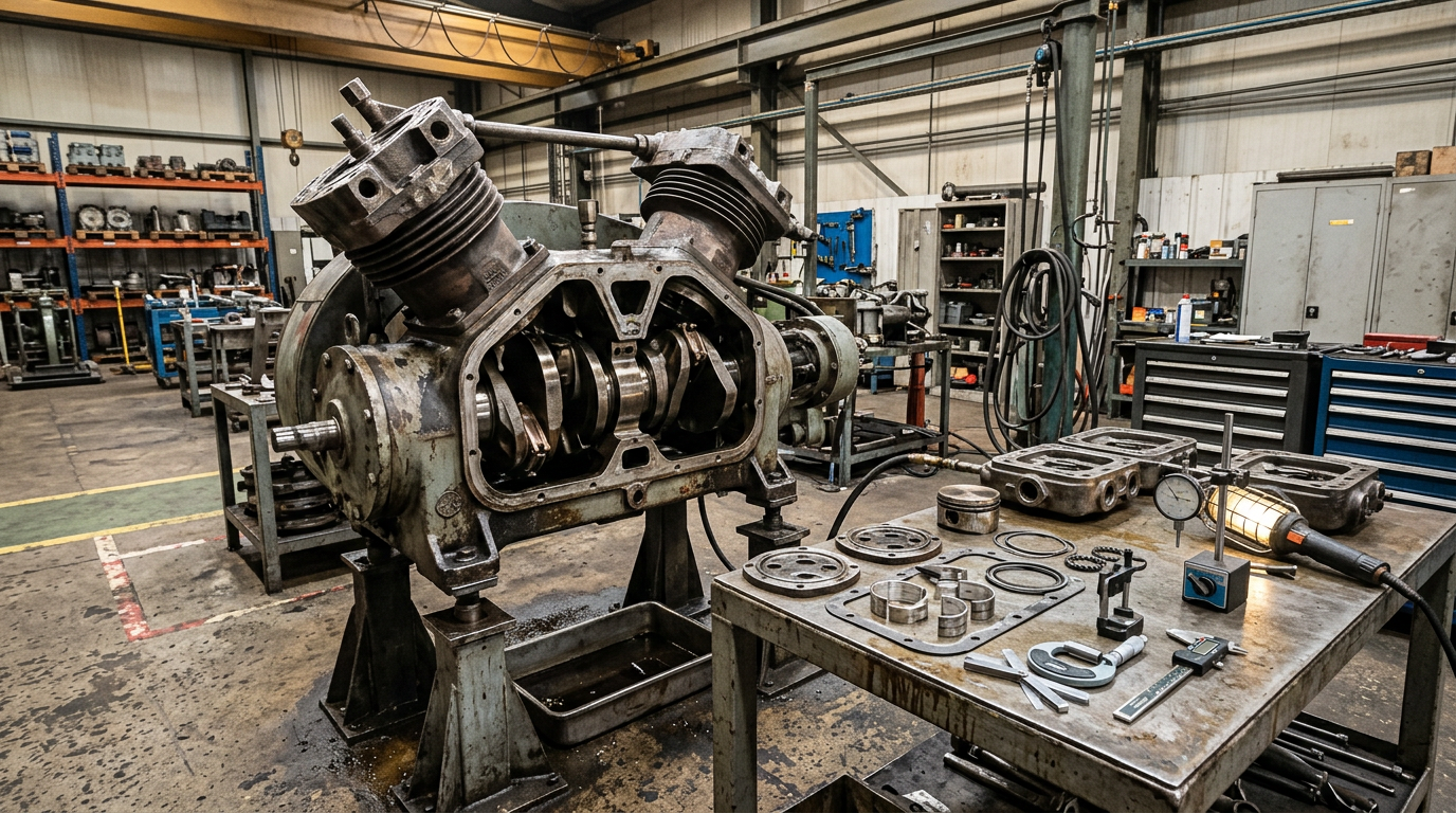 AI Design for Create a highly photorealistic **documentary-style industrial engineering photograph** showing a large **industrial reciprocating compressor during the inspection stage of a professional overhaul** inside a real compressor maintenance workshop.
The compressor should be safely shut down and partially disassembled, with the cylinder head and selected inspection covers removed to reveal accurately engineered internal components such as valves, piston assembly, connecting rod and crankcase areas. Show the removed components carefully placed on a clean but realistically used inspection bench beside the compressor. Include technically appropriate precision inspection equipment such as a vernier caliper, micrometer, dial indicator, feeler gauges and inspection lighting, positioned naturally as part of the inspection process. Components should show realistic signs of service wear, including light oil residue, minor surface discoloration, machining marks and normal industrial use.
The workshop must look like a **genuine compressor overhaul facility**, with concrete or industrial flooring, overhead lifting equipment, maintenance stands, organized tool storage, component racks, hoses, drip trays and subtle traces of oil and grease. Include realistic imperfections such as small scratches, dust, worn floor markings and slightly weathered surfaces. The environment should be professionally maintained but clearly used for heavy mechanical maintenance—not a spotless showroom.
The compressor must be the dominant subject, photographed at approximately eye level with a natural industrial camera perspective. Use realistic workshop lighting, authentic metal textures, physically accurate proportions, natural shadows and reflections, and subtle depth of field. The image should resemble a genuine photograph taken during a compressor inspection for overhaul—not a marketing render.
**Technical accuracy is critical:** show a believable industrial reciprocating compressor with mechanically correct components and realistic disassembly. Inspection instruments must be appropriate for dimensional and condition assessment. Do not combine reciprocating, screw and centrifugal compressor components into one machine.
**Strict requirements:** no humans, no workers, no mannequins, no hands, no text, no logos, no brand names, no readable labels, no futuristic equipment, no impossible mechanical assemblies, no floating components, no excessive cleanliness, no dramatic cinematic effects, no artificial symmetry, no perfect showroom environment, no CGI, no 3D-rendered appearance.
The final image must look like an **authentic industrial maintenance photograph documenting the inspection stage of a compressor overhaul**, with realistic equipment, realistic wear and genuinely believable workshop conditions.