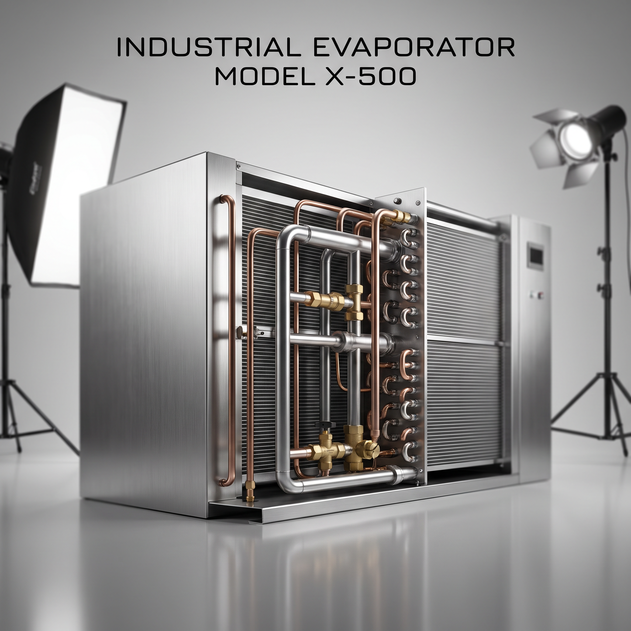 AI Design for Professional studio product photography of a {{product:Evaporators}}, captured with crisp industrial lighting against a clean, neutral gradient background. Focus on the intricate metallic textures, polished steel surfaces, and precision engineering details, utilizing a shallow depth of field to emphasize the structural complexity. High-resolution, sharp focus, commercial aesthetic suitable for a technical catalog or website hero banner.