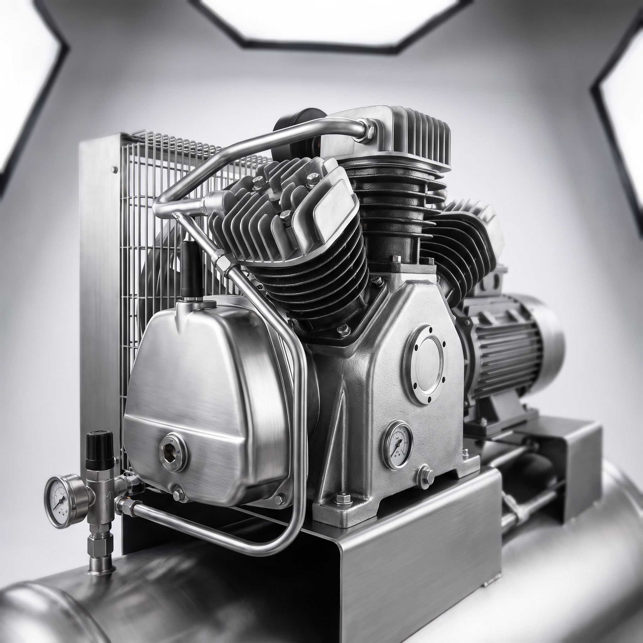 AI Design for Professional studio product photography of {{product:Compressors}}, captured with crisp industrial lighting against a clean, neutral gradient background. Focus on the intricate metallic textures, polished steel surfaces, and precision engineering details, utilizing a shallow depth of field to emphasize the structural complexity and commercial aesthetic.