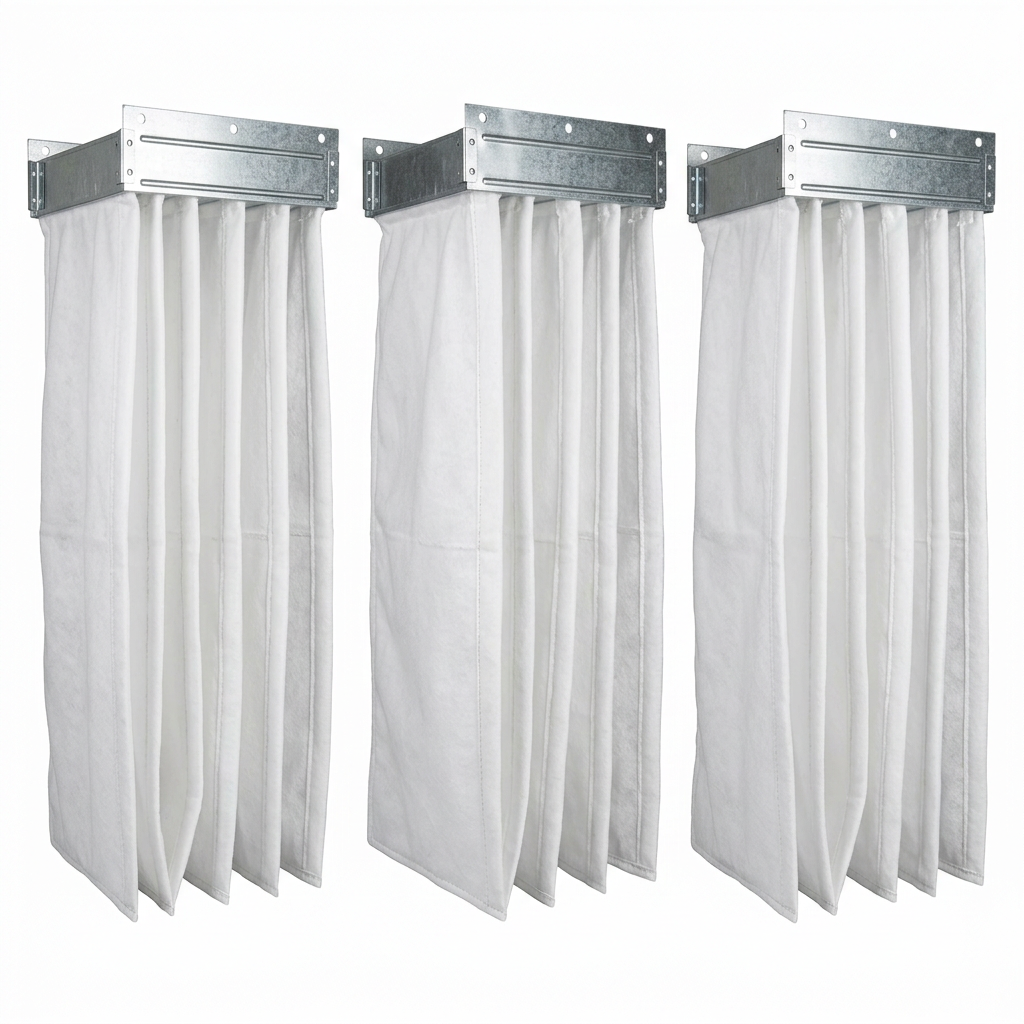 AI Design for Cut-outs need this instead of a ground: isolated on a pure white background, no shadow, no scene, no surface.

 Three HVAC pocket filters (bag filters) standing upright side by side, with
    white synthetic pockets hanging from galvanised header frames.