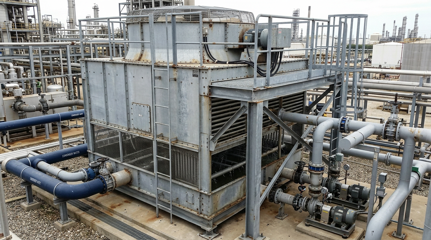 AI Design for Create a photorealistic industrial engineering photograph showing a large **evaporative condenser / closed-circuit cooling tower** installed at a real industrial facility. Clearly show the complete cooling equipment with accurately proportioned casing, axial fan assembly, spray-water distribution system, coil section, drift eliminators, access panels, piping connections and structural supports. Include realistic connected condenser-water and process-water piping, valves, pumps and instrumentation to demonstrate an actual installed and commissioned system. The equipment should appear operational, with subtle natural water spray and airflow effects where technically appropriate. Authentic industrial setting, galvanized steel and painted metal surfaces with realistic wear, joints, fasteners, drainage details and minor environmental imperfections. Natural daylight, documentary industrial photography, realistic perspective and scale, technically accurate engineering configuration, premium but understated composition suitable for a corporate service webpage. No humans, no workers, no mannequins, no text, no logos, no futuristic equipment, no excessive steam or dramatic effects, no impossible piping, no CGI/plastic appearance, no artificial symmetry. The image must look like a genuine photograph taken during installation, commissioning or maintenance of professional evaporative cooling equipment.