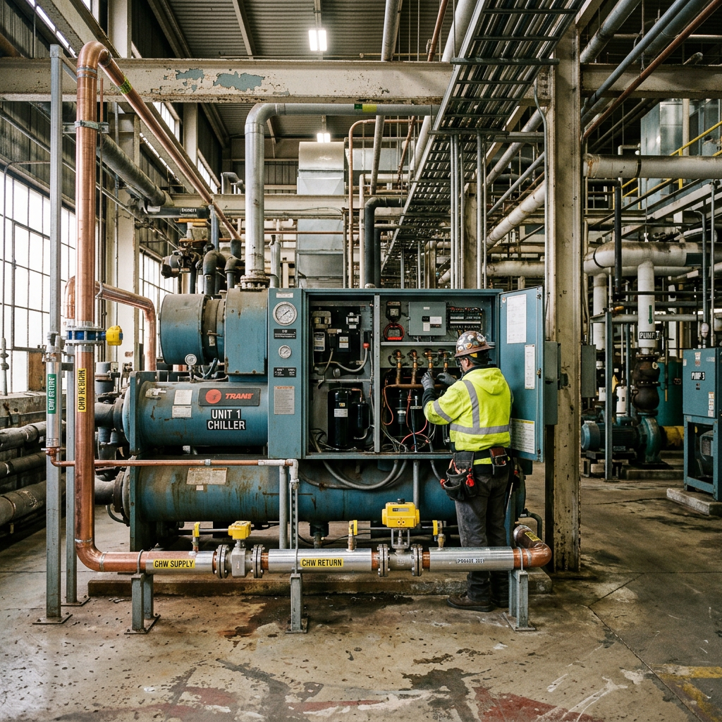 AI Design for An authentic documentary-style industrial engineering photograph capturing a large thermal system installation inside an operating mechanical facility, featuring a massive industrial chiller with service panels open to reveal exposed components, newly integrated upgrade piping, and modern valves contrasting naturally with older equipment. The background showcases a genuine working plant environment with concrete flooring, overhead pipe racks, cable trays, and subtle industrial wear. Natural ambient lighting streams through the facility, highlighting tactile textures of weathered painted metal, insulated copper piping, and steel supports with an understated, professional corporate composition. no human face should aprear