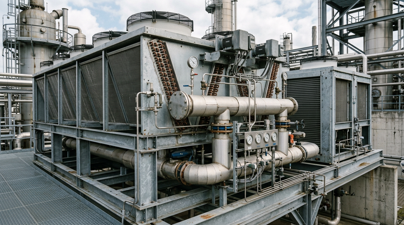 AI Design for Create a photorealistic industrial engineering photograph showing a large **air-cooled condenser / dry cooler system** installed at a real industrial facility. Clearly show accurately engineered finned-tube heat-transfer coils, multiple axial fans with protective guards, rigid steel support structure, headers, refrigerant or process piping, isolation valves and realistic instrumentation. Include adjacent radiator-style heat-transfer sections and correctly routed piping to communicate condenser, evaporator and dry-cooling applications. Show genuine fabrication details such as brazed/welded joints, tube-fin construction, bolted connections, brackets and protective coatings, with subtle natural signs of industrial use. The system should appear fully installed and undergoing realistic performance verification, with gauges and instrumentation connected in technically plausible positions. Natural daylight and ambient industrial conditions, realistic metal and aluminum textures, documentary engineering photography, accurate scale and perspective, understated premium composition suitable for a corporate service webpage. No humans, no workers, no mannequins, no text, no logos, no futuristic machinery, no exaggerated vapor or special effects, no impossible pipe routing, no excessive cleanliness, no CGI or plastic appearance, no artificial symmetry. The final image must look like an authentic photograph captured at a professional industrial cooling-equipment installation or testing site.