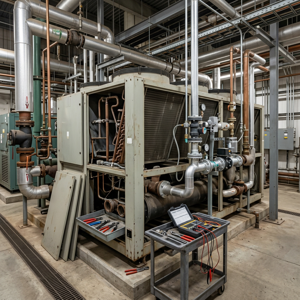 AI Design for Create a highly photorealistic **documentary-style industrial engineering photograph** showing a large **industrial heating and cooling equipment system undergoing professional maintenance and upgrade** inside a real operating plant or mechanical facility.

Show a substantial industrial chiller, heat-pump, boiler or central thermal-system installation with service panels open and selected components exposed for maintenance. Clearly show realistic chilled-water or hot-water piping, isolation valves, pumps, strainers, gauges, control panels, electrical connections, insulation and mechanical supports. Include a newly upgraded section of the system integrated naturally with existing equipment, showing realistic replacement piping, modern valves, instrumentation or control components alongside older equipment.

The scene should communicate **planned maintenance and system upgrading** through believable details: removed access panels, organized replacement components, service tools, diagnostic instruments, temporary isolation points, drip trays, maintenance covers and clearly separated new and existing components. Equipment should appear operationally maintained rather than destroyed or heavily damaged.

The site must look like a **genuine working industrial plant**, with realistic concrete or metal flooring, structural steel, pipe racks, cable trays, drainage channels, minor dust, subtle oil or grease marks, surface scratches, weathered paint, insulation imperfections and naturally accumulated industrial wear. Include realistic constraints such as limited service space, existing pipework and surrounding plant infrastructure. Keep everything professionally maintained and organized, but never showroom-perfect.

Use natural industrial lighting, realistic shadows and reflections, authentic steel, aluminum, copper, rubber, insulation and painted-metal textures. Natural camera perspective, believable equipment scale, subtle photographic imperfections and documentary engineering photography. Premium but understated composition suitable for a corporate service webpage.

**Strict requirements:** no humans, no workers, no mannequins, no hands, no text, no logos, no brand names, no readable labels, no futuristic machinery, no impossible pipe routing, no floating components, no excessive cleanliness, no dramatic explosions, no exaggerated steam or smoke, no artificial symmetry, no theatrical cinematic lighting, no CGI, no 3D-rendered appearance.

The final image must look like an **authentic photograph taken during professional planned maintenance and equipment upgrading at a real industrial heating and cooling facility**, with technically accurate equipment, genuine site conditions and believable maintenance details.