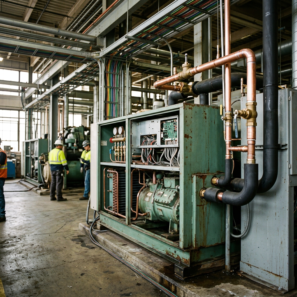 AI Design for An authentic documentary-style industrial engineering photograph capturing a large thermal system installation inside an operating mechanical facility, featuring a massive industrial chiller with service panels open to reveal exposed components, newly integrated upgrade piping, and modern valves contrasting naturally with older equipment. The background showcases a genuine working plant environment with concrete flooring, overhead pipe racks, cable trays, and subtle industrial wear. Natural ambient lighting streams through the facility, highlighting tactile textures of weathered painted metal, insulated copper piping, and steel supports with an understated, professional corporate composition. no human face should appear. No other brand / company names should appear