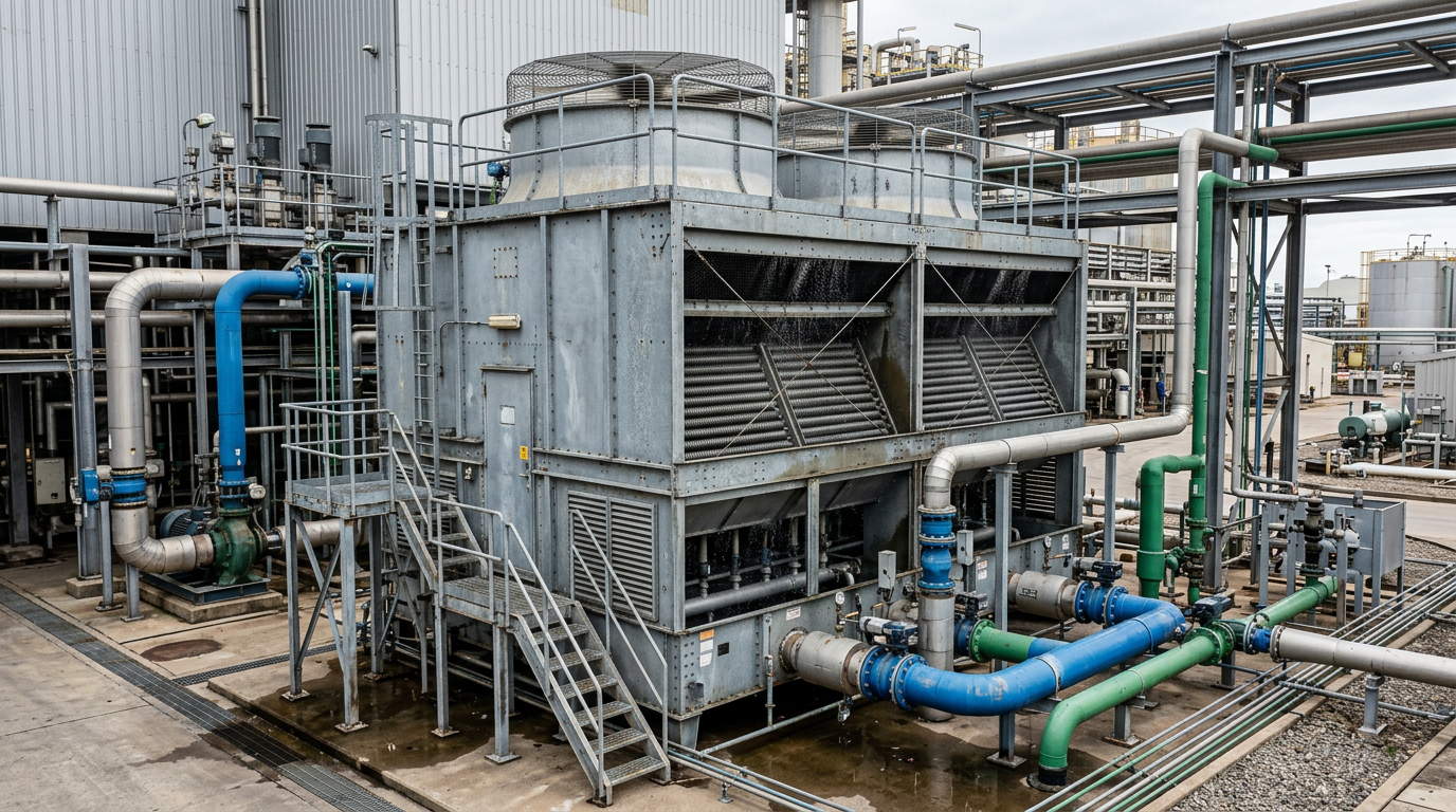 AI Design for Create a photorealistic industrial engineering photograph showing a large **evaporative condenser / closed-circuit cooling tower** installed at a real industrial facility. Clearly show the complete cooling equipment with accurately proportioned casing, axial fan assembly, spray-water distribution system, coil section, drift eliminators, access panels, piping connections and structural supports. Include realistic connected condenser-water and process-water piping, valves, pumps and instrumentation to demonstrate an actual installed and commissioned system. The equipment should appear operational, with subtle natural water spray and airflow effects where technically appropriate. Authentic industrial setting, galvanized steel and painted metal surfaces with realistic wear, joints, fasteners, drainage details and minor environmental imperfections. Natural daylight, documentary industrial photography, realistic perspective and scale, technically accurate engineering configuration, premium but understated composition suitable for a corporate service webpage. No humans, no workers, no mannequins, no text, no logos, no futuristic equipment, no excessive steam or dramatic effects, no impossible piping, no CGI/plastic appearance, no artificial symmetry. The image must look like a genuine photograph taken during installation, commissioning or maintenance of professional evaporative cooling equipment.