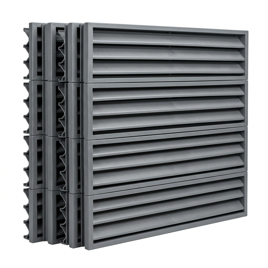 AI Design for Cut-outs need this instead of a ground: isolated on a pure white background, no shadow, no scene, no surface.

A stack of four cooling tower air inlet louvre panels laid one on another
    with their edges slightly offset so the blade profile is visible.