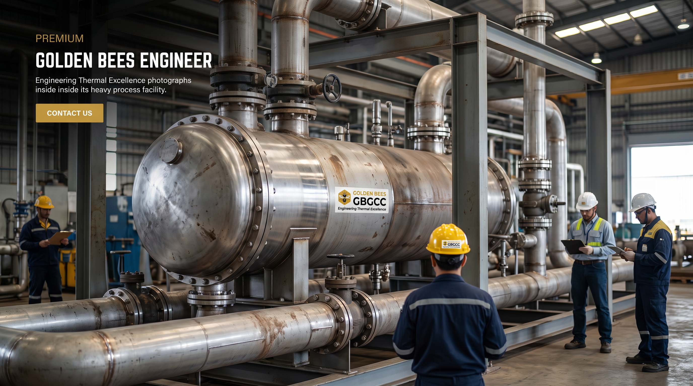 AI Design for Create a photorealistic premium industrial photograph for a corporate website service tile representing **Shell & Tube Heat Exchanger**.

Show a large industrial shell-and-tube heat exchanger installed inside a real heavy industrial process facility, with realistic stainless-steel/carbon-steel construction, connected piping, valves, flanges and structural supports. Include subtle evidence of engineers/technicians inspecting the equipment in the background to communicate real engineering and field expertise.

Composition: cinematic 3/4 perspective, equipment as the clear visual focal point, realistic industrial depth, clean negative space suitable for website overlay text, sophisticated commercial photography.

Integrate the attached **Golden Bees / GBGCC logo** naturally as subtle professional branding on the equipment or engineer PPE/signage. Do not redesign, distort, repeat, or prominently display the logo.

Lighting should feel like an authentic high-end industrial photograph: realistic metal reflections, natural shadows, controlled contrast, slightly atmospheric environment, physically accurate materials and proportions.

No futuristic machinery, no exaggerated glow, no fantasy environment, no floating components, no excessive lens effects, no artificial-looking CGI surfaces, no generic stock-photo appearance, no visible AI artifacts.

**Ultra-photorealistic, documentary industrial photography, technically authentic, premium engineering company aesthetic, highly detailed, natural imperfections, realistic textures, real-camera look.**