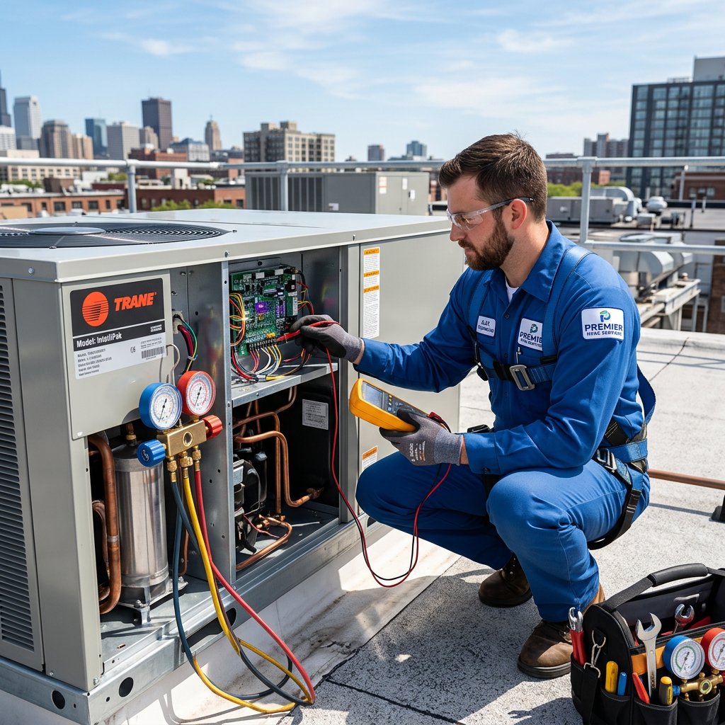 AI Design for A professional HVAC technician in clean uniform performing precision diagnostic maintenance on a modern, sleek commercial rooftop heating and cooling unit. Bright daylight, crisp industrial aesthetic, sharp focus on mechanical gauges and polished metal components, with a clean corporate blue and metallic color palette. Captured with a professional DSLR camera at eye-level, emphasizing reliability, safety, and expert craftsmanship.