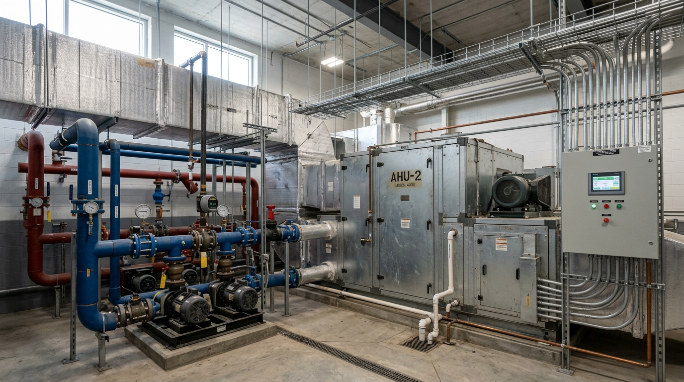 AI Design for Create a photorealistic industrial engineering photograph showing a professionally installed **HVAC & MEP system** inside a real commercial or industrial facility. Clearly show a large air handling unit, chilled-water piping, supply and return ducts, valves, pumps, cable trays, electrical conduits, drainage lines and realistic mechanical supports arranged in a technically correct installation. Include commissioning and handover indicators such as pressure gauges, thermometers, control panels and properly connected instrumentation, with the system appearing fully installed and operational. Realistic galvanized ductwork, copper and steel piping, insulation, bolted joints, hangers, brackets and minor installation imperfections. Natural ambient lighting, authentic industrial/commercial environment, documentary engineering photography, realistic scale and perspective, highly detailed but understated composition suitable for a premium corporate service webpage. No humans, no workers, no mannequins, no text, no logos, no diagrams, no futuristic equipment, no exaggerated lighting, no impossible pipe or duct routing, no excessive cleanliness, no CGI or 3D-rendered appearance. The final image must look like a genuine photograph taken during professional HVAC & MEP installation, commissioning and final inspection.