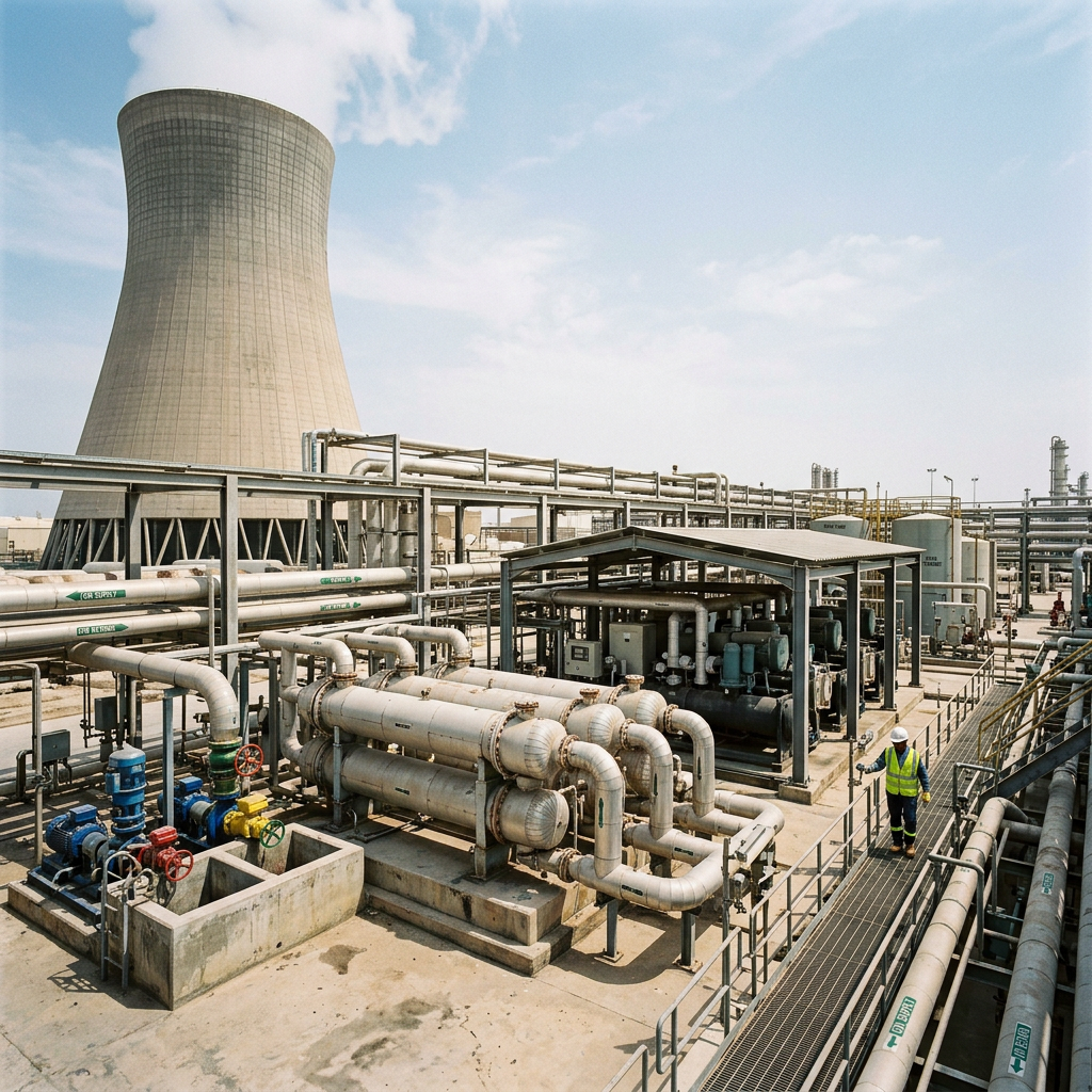 AI Design for A highly photorealistic documentary-style photograph of a large real industrial thermal engineering facility showing a complete interconnected heating and cooling system. The wide establishing composition captures industrial cooling towers, chillers, shell-and-tube heat exchangers, pumps, large process piping, valves, pipe racks, instrumentation, and structural steel infrastructure arranged in technically accurate configurations under harsh natural daylight. The real Gulf-region industrial environment features realistic dust, weathering, aged concrete, oxidized metal surfaces, minor stains, and genuine site imperfections with authentic materials and realistic scale.