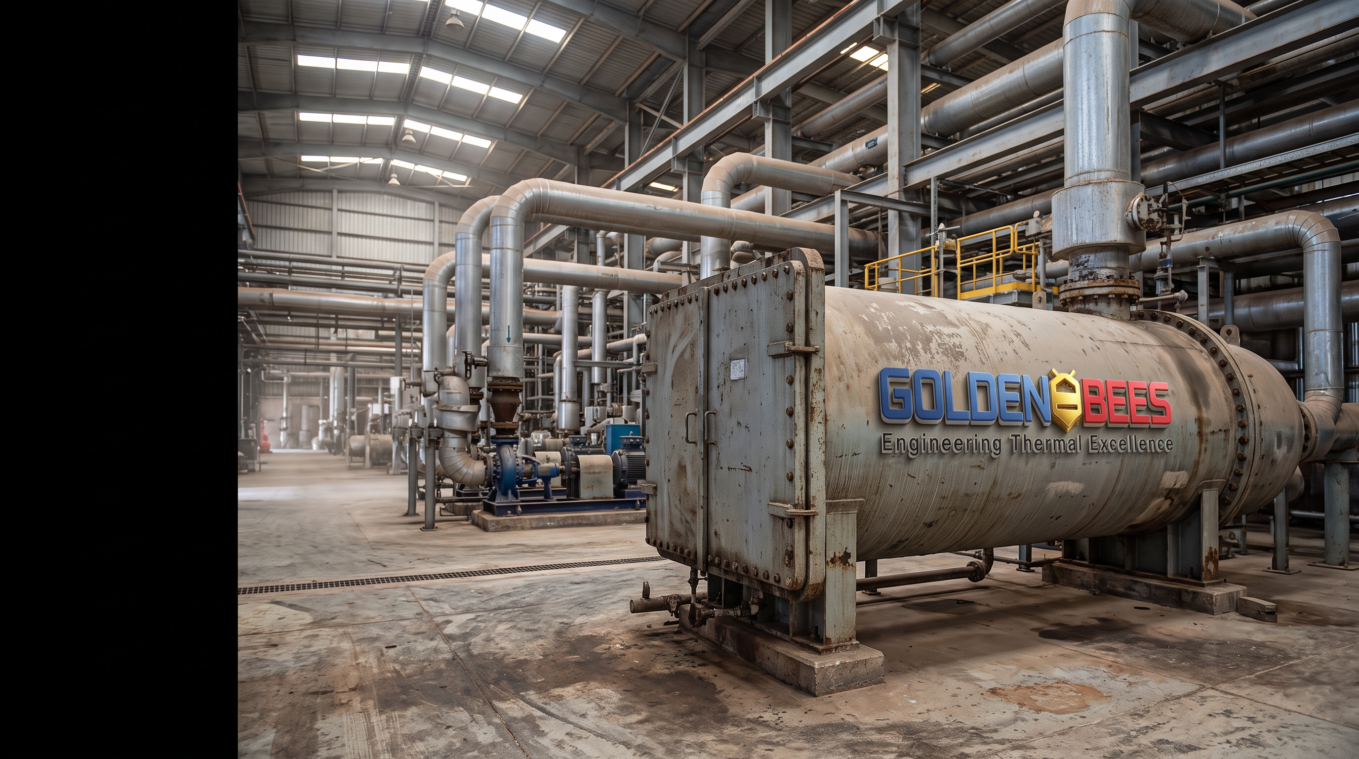 AI Design for A genuine photograph taken during a normal site visit at a large industrial thermal engineering facility in Saudi Arabia. A large shell-and-tube heat exchanger occupies the foreground while real cooling equipment, industrial pipework, pumps, valves, structural steel and service platforms continue naturally into the background. The equipment is installed as part of a real working plant, with believable connections, access clearances and infrastructure rather than equipment arranged for display.

Photograph from approximately human eye level using a realistic full-frame camera perspective. Natural afternoon daylight entering the facility, ordinary industrial ambient lighting, realistic exposure and naturally uneven illumination. Slight atmospheric dust, concrete floor marks, faded paint, small scratches, weathered galvanized steel, minor stains and other subtle signs of genuine industrial use. Nothing is perfectly clean or perfectly symmetrical.

The composition should feel incidental and authentic, as though an industrial photographer documented an actual Golden Bees project during a routine site visit. Keep the foreground and central equipment detailed while allowing the background to naturally fall into softer focus. Leave clean darker negative space toward the left side for website typography.

Integrate the **attached Golden Bees logo** naturally onto an existing equipment panel or facility identification surface. Use the supplied logo exactly; make it appear physically printed, painted or applied to the surface with realistic perspective, lighting and material interaction.

Authentic industrial photography. Real equipment. Real materials. Real site conditions. Natural camera exposure. Subtle lens imperfections. Physically believable geometry.

Do not create a render, illustration, concept image, architectural visualization or advertising composite. No humans, no workers, no mannequins, no hands, no text, no invented signage, no futuristic machinery, no dramatic smoke, no excessive steam, no blue/orange cinematic lighting, no HDR, no extreme sharpness, no perfect surfaces, no perfect symmetry, no floating equipment, no impossible pipe connections, no duplicated machinery, no plastic-looking metal, no artificial depth-of-field, no glossy CGI appearance.