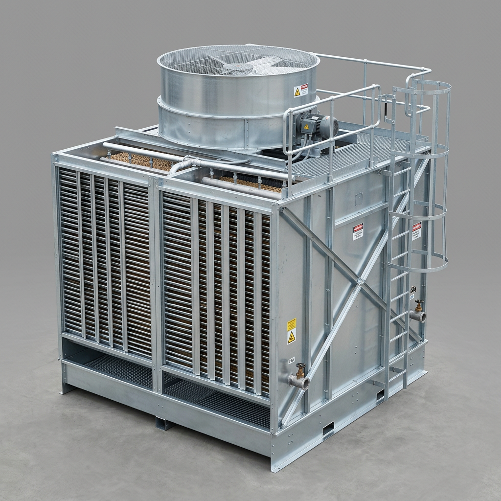 AI Design for 1. A complete industrial induced-draught CROSSFLOW cooling tower, three-quarter
view, standing on a plain mid-grey seamless studio ground. Galvanised steel
casing. The defining features must be visible: tall louvred air-inlet faces on
the sides, an open hot-water distribution deck across the top, and a single
large axial fan in a cylindrical cowl on the roof. Access ladder and handrail on
one side. Clean new condition.