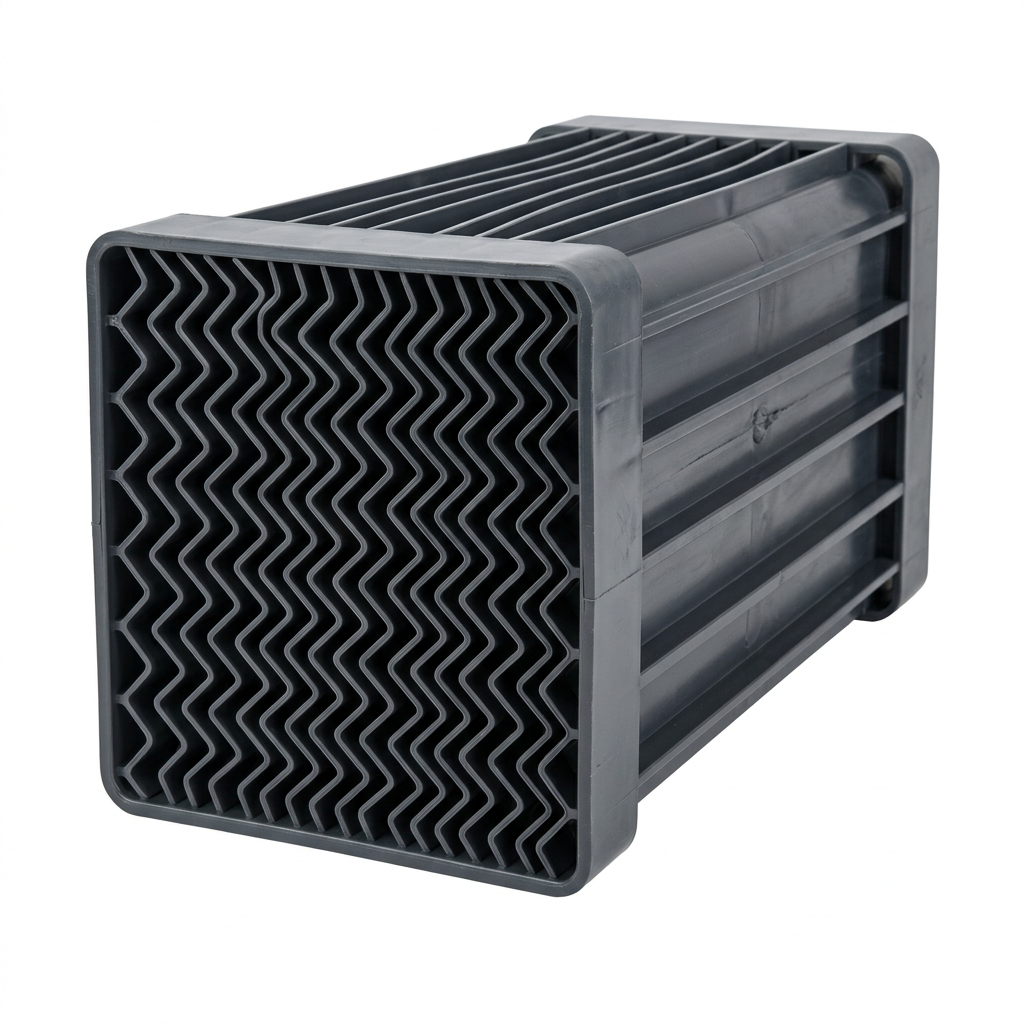 AI Design for Cut-outs need this instead of a ground: isolated on a pure white background, no shadow, no scene, no surface.

A single moulded PVC drift eliminator block, angled three-quarter view,
    showing the sharp zig-zag chevron blade profile end-on. Dark grey PVC.