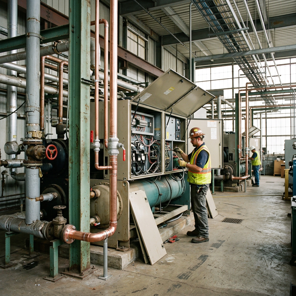 AI Design for An authentic documentary-style industrial engineering photograph capturing a large thermal system installation inside an operating mechanical facility, featuring a massive industrial chiller with service panels open to reveal exposed components, newly integrated upgrade piping, and modern valves contrasting naturally with older equipment. The background showcases a genuine working plant environment with concrete flooring, overhead pipe racks, cable trays, and subtle industrial wear. Natural ambient lighting streams through the facility, highlighting tactile textures of weathered painted metal, insulated copper piping, and steel supports with an understated, professional corporate composition.