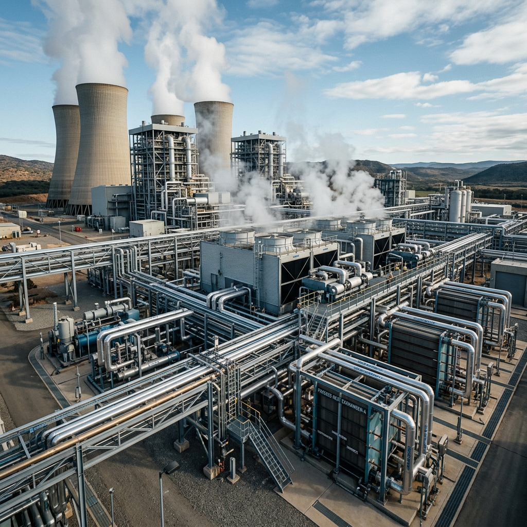AI Design for A wide-angle, cinematic establishing shot of a massive modern industrial plant showcasing an intricate network of interconnected thermal systems. The scene features towering industrial cooling towers releasing gentle steam, precision-engineered chillers, large-scale heat exchangers, polished process piping, and advanced instrumentation under a crisp daylight sky. Captured with sharp architectural clarity, emphasizing metallic textures, complex mechanical depth, cool industrial blues, and warm metallic accents.