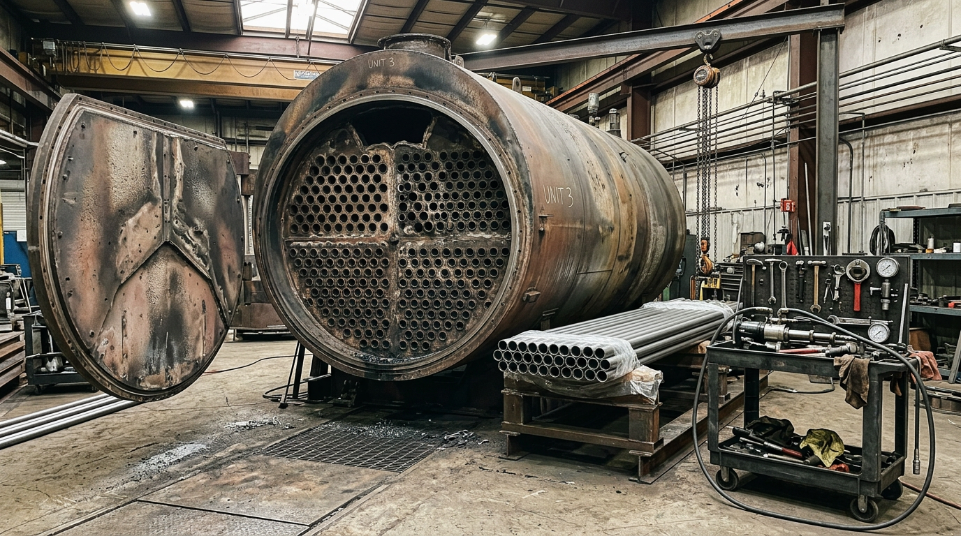 AI Design for An authentic documentary-style industrial engineering photograph capturing a large industrial fire-tube boiler during active tube replacement and inspection inside a working maintenance facility. The massive boiler is opened at the front, exposing the precise tube sheet and internal fire-tube configuration with a section of tubes removed. Pristine replacement tubes rest neatly beside the unit alongside technically accurate maintenance fixtures, tube-expanding equipment, and weld-testing instruments. The industrial environment features weathered concrete flooring, overhead rigging, organized tooling, subtle soot and dust deposits, and realistic heat discoloration on the heavy steel surfaces. Natural overhead lighting illuminates the authentic textures, scratches, and manufacturing marks without cinematic exaggeration. Captured from a balanced eye-level perspective emphasizing realistic scale, precise industrial geometry, and an understated corporate engineering aesthetic, completely devoid of humans or branding.